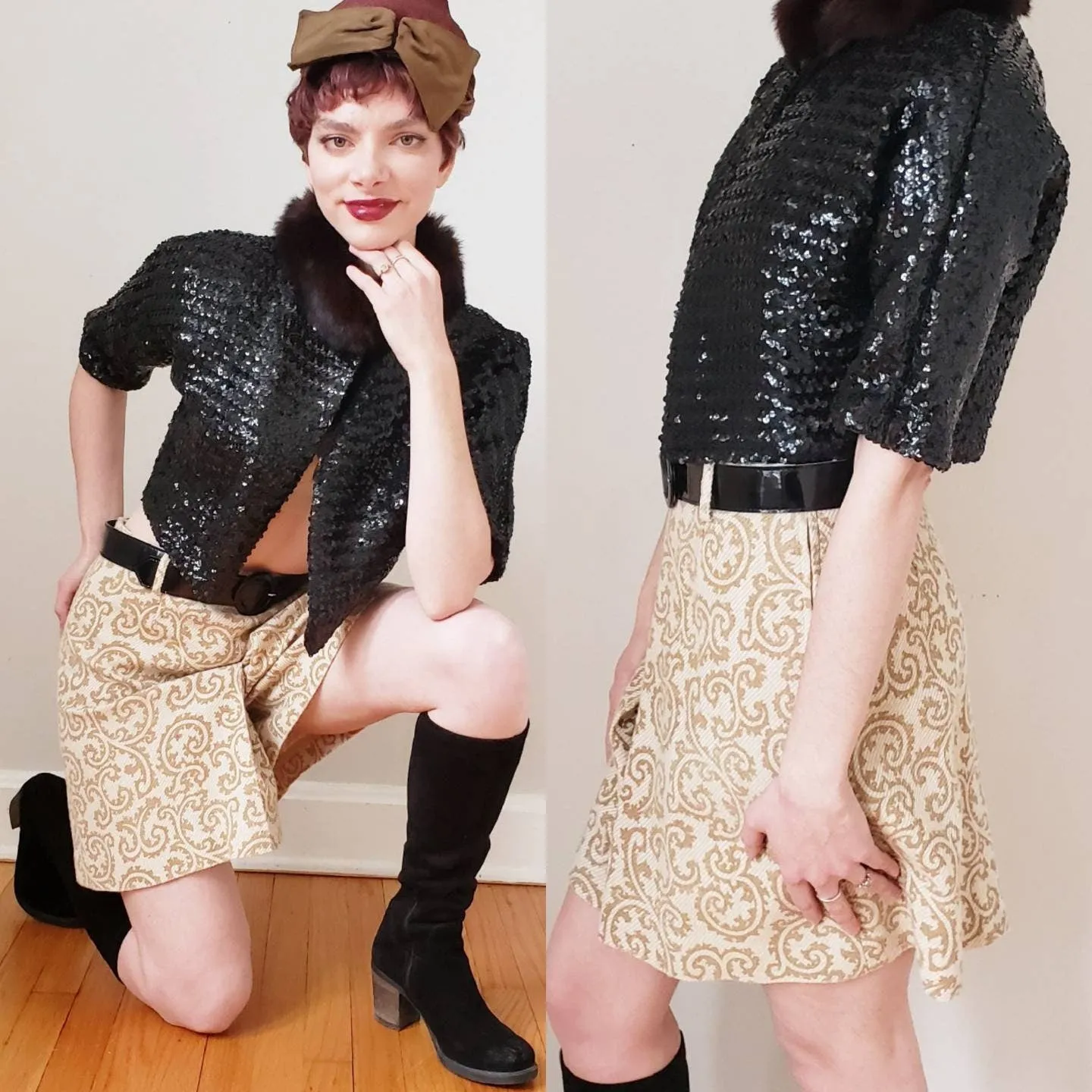 1960s Skort Brown Cream Paisley Pattern / 60s Shorts Skirt Combo High Waisted Four Corners / S