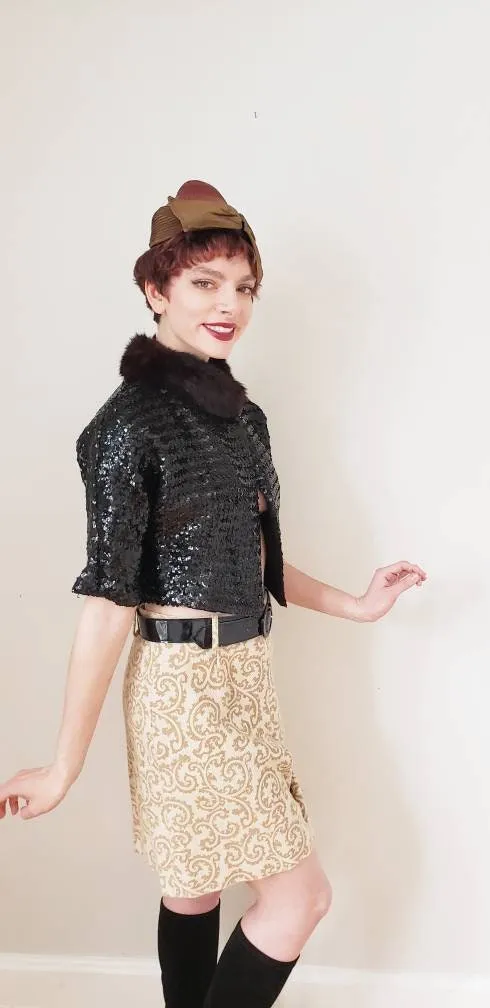 1960s Skort Brown Cream Paisley Pattern / 60s Shorts Skirt Combo High Waisted Four Corners / S