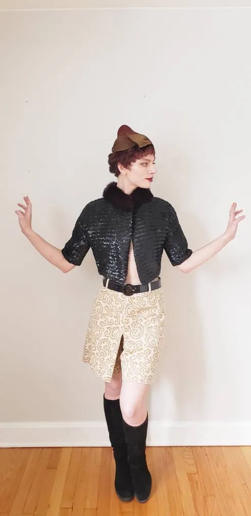 1960s Skort Brown Cream Paisley Pattern / 60s Shorts Skirt Combo High Waisted Four Corners / S