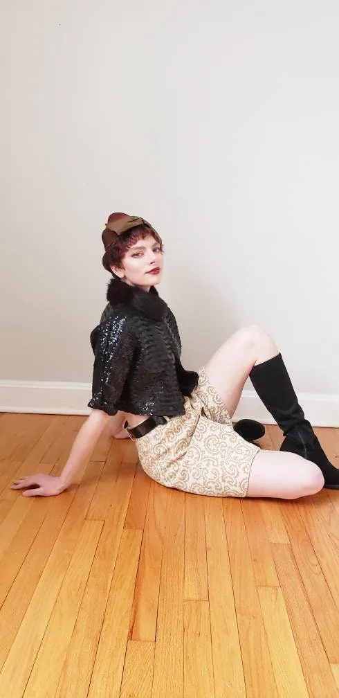 1960s Skort Brown Cream Paisley Pattern / 60s Shorts Skirt Combo High Waisted Four Corners / S
