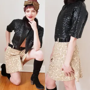 1960s Skort Brown Cream Paisley Pattern / 60s Shorts Skirt Combo High Waisted Four Corners / S