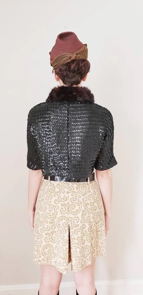 1960s Skort Brown Cream Paisley Pattern / 60s Shorts Skirt Combo High Waisted Four Corners / S