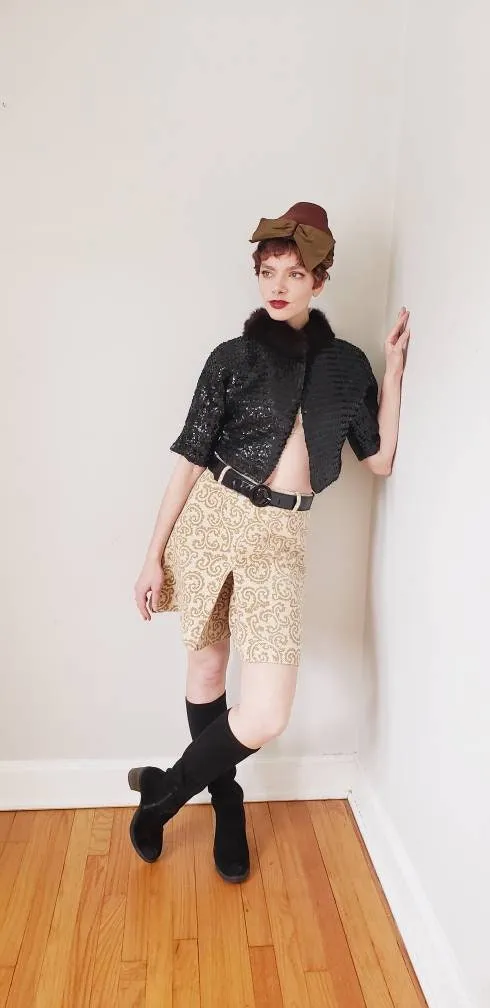 1960s Skort Brown Cream Paisley Pattern / 60s Shorts Skirt Combo High Waisted Four Corners / S