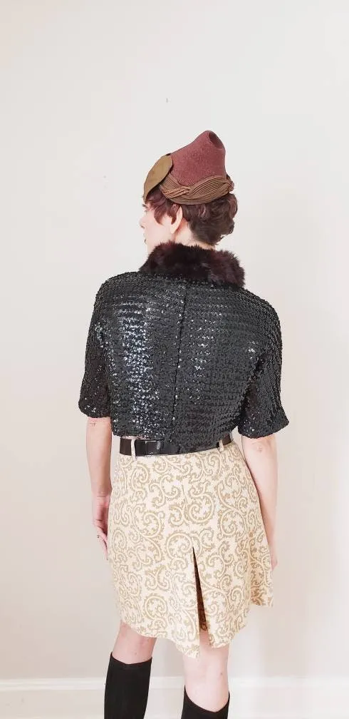 1960s Skort Brown Cream Paisley Pattern / 60s Shorts Skirt Combo High Waisted Four Corners / S