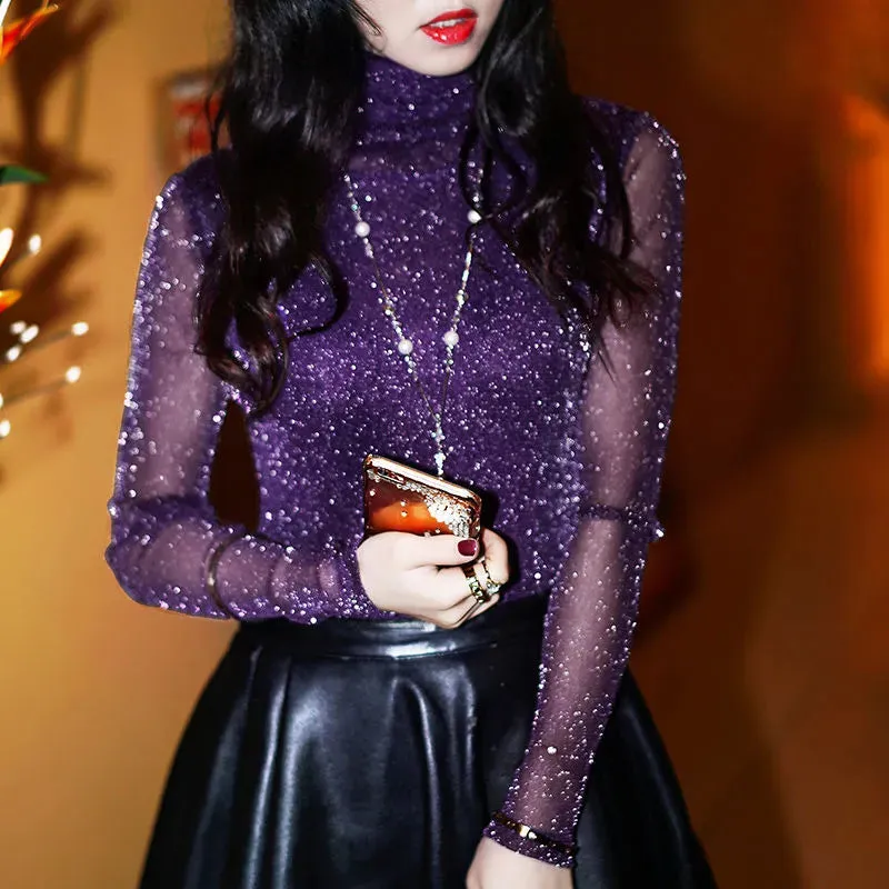 2018 New Women Long Sleeve Blouse Party Gold and Silver Mesh Yarn Round Neck Shirt Tops Plus Size