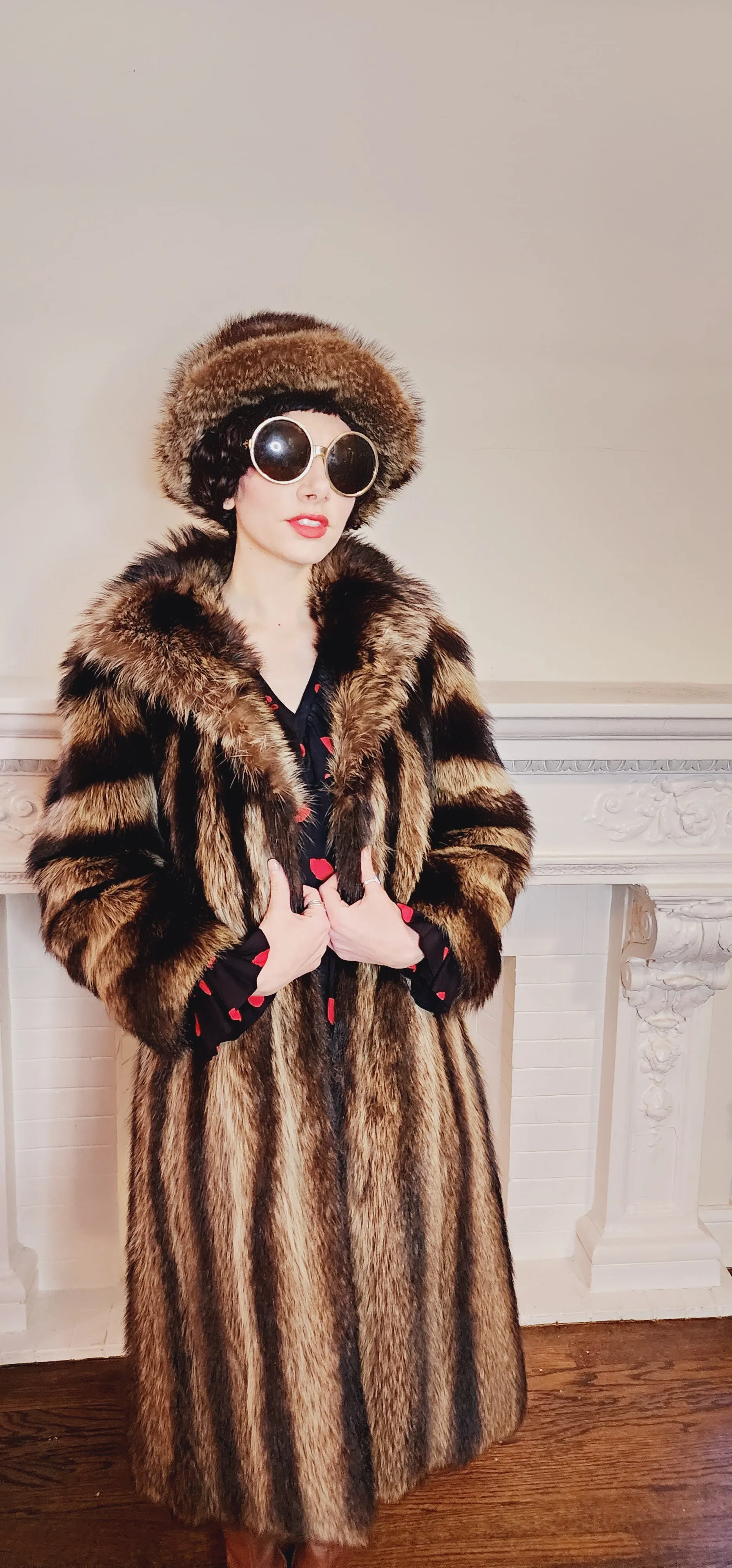 80s 70s Long Raccoon Fur Coat with Large Collar by Tibor Furs Small