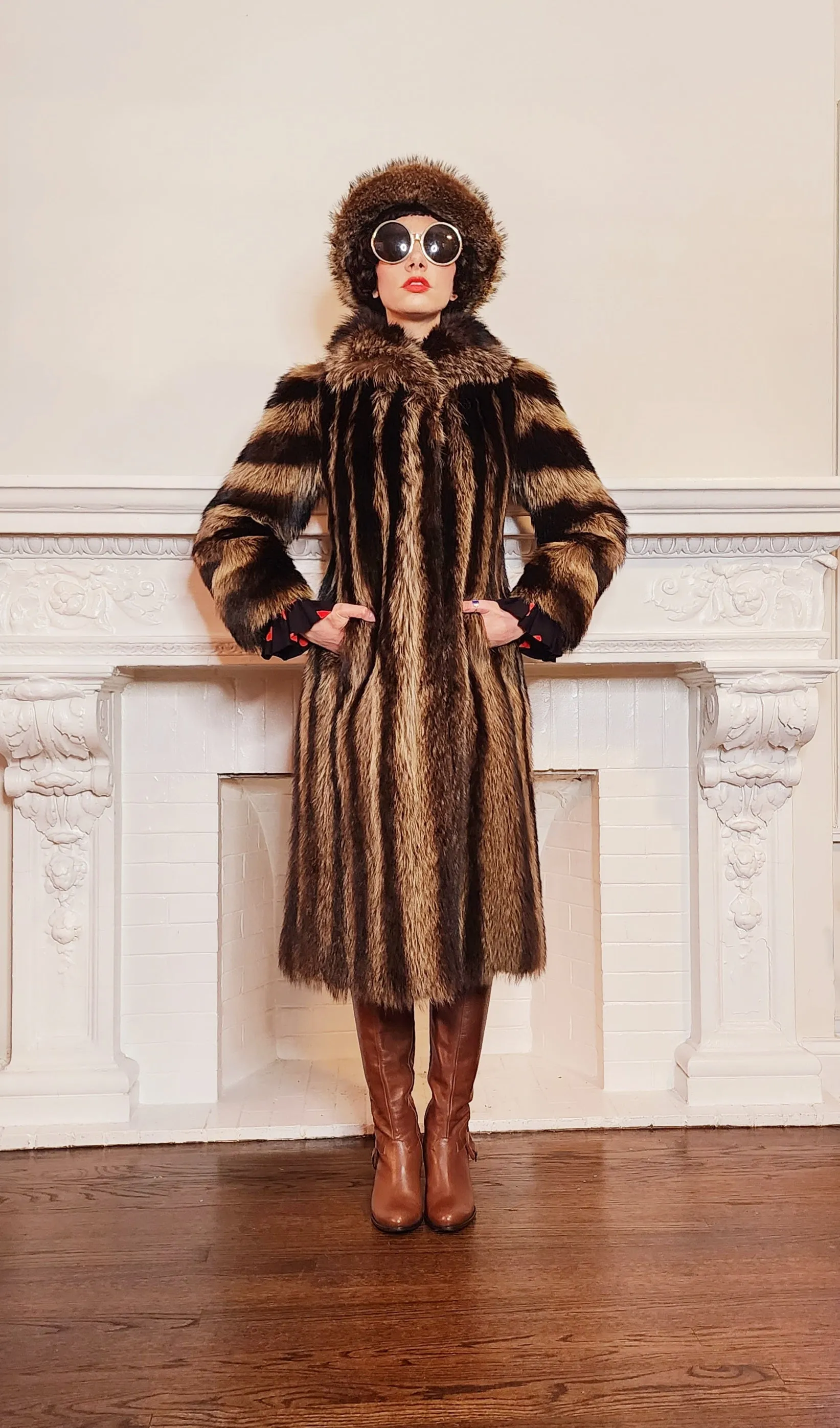 80s 70s Long Raccoon Fur Coat with Large Collar by Tibor Furs Small