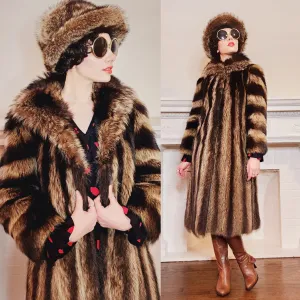 80s 70s Long Raccoon Fur Coat with Large Collar by Tibor Furs Small