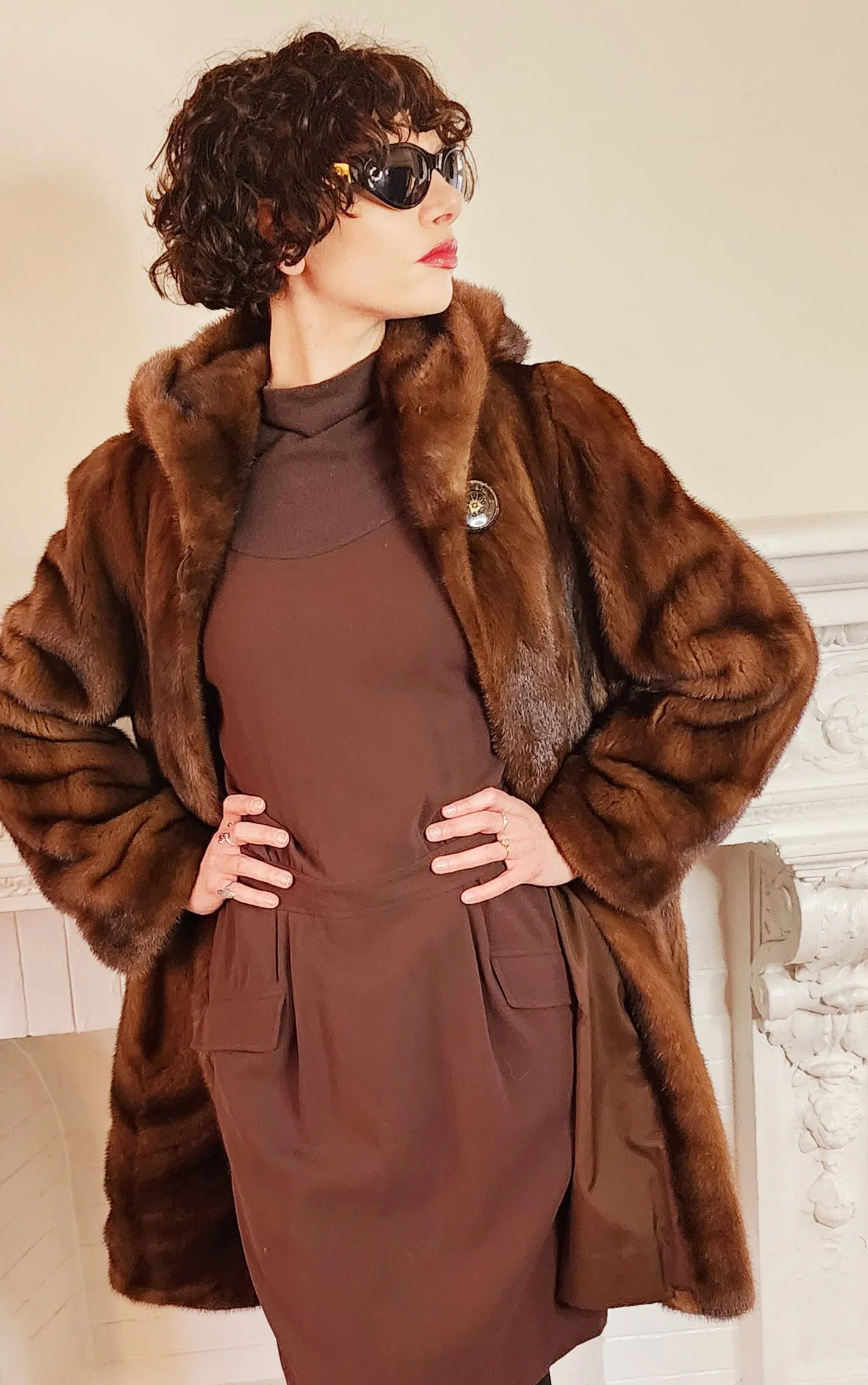 90s Brown Mink Fur Stroller Coat, Hooded & Swing Style / S
