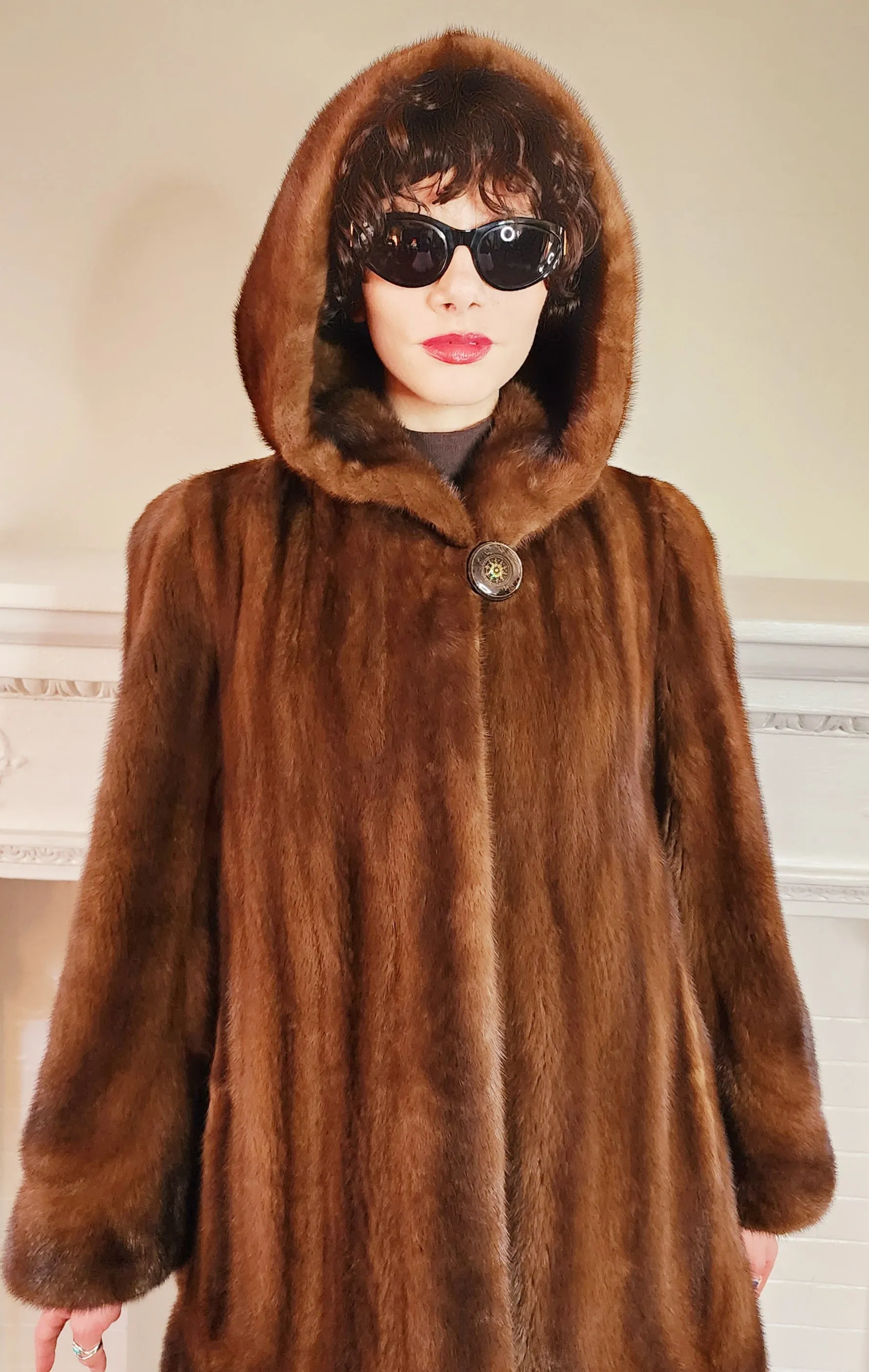 90s Brown Mink Fur Stroller Coat, Hooded & Swing Style / S
