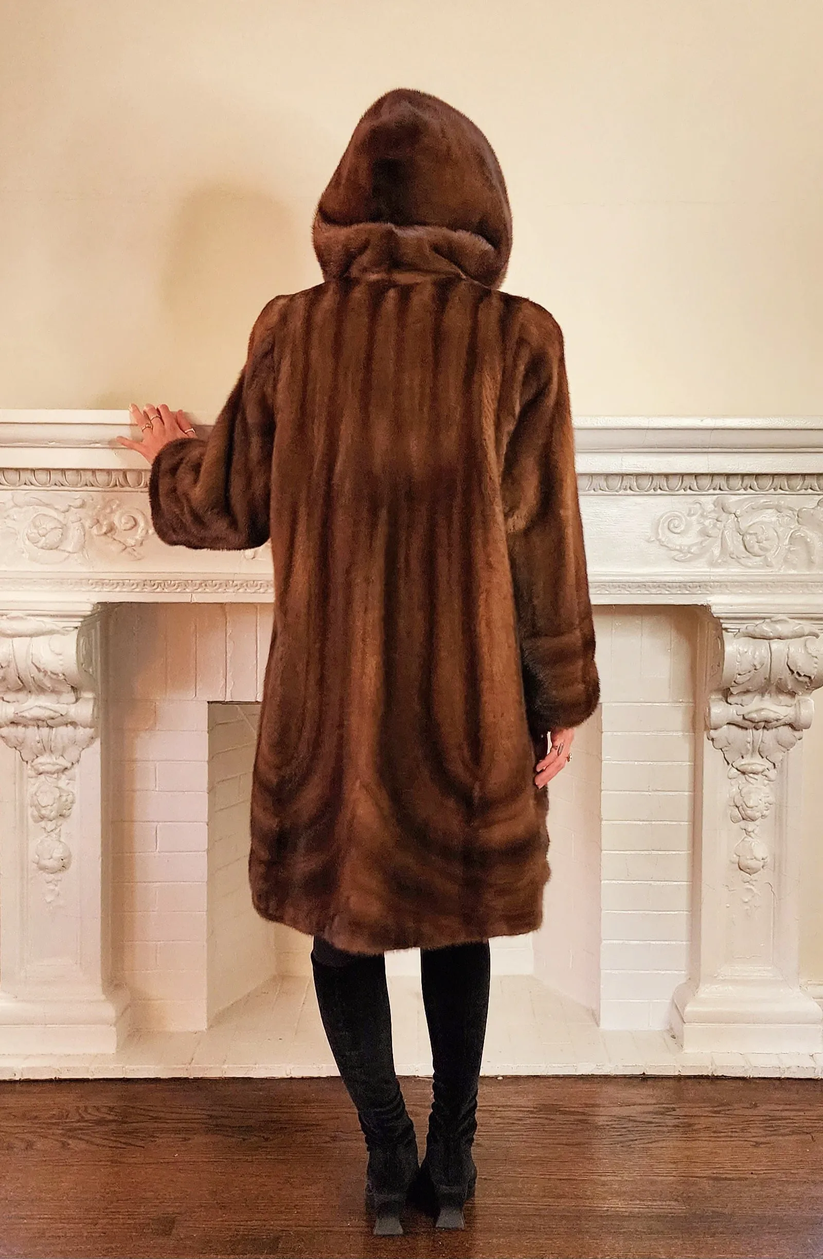 90s Brown Mink Fur Stroller Coat, Hooded & Swing Style / S