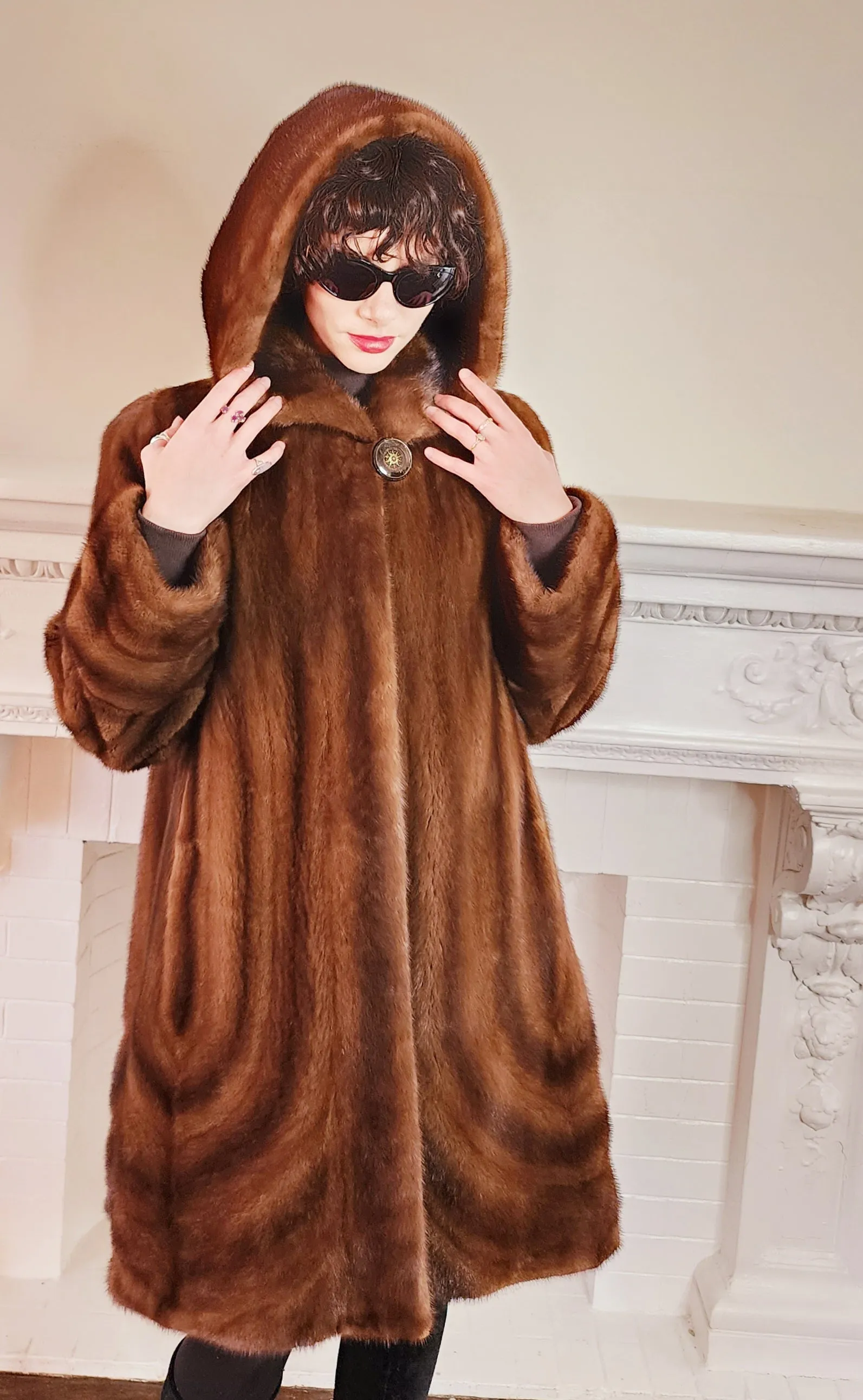 90s Brown Mink Fur Stroller Coat, Hooded & Swing Style / S
