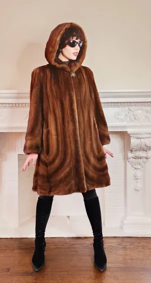 90s Brown Mink Fur Stroller Coat, Hooded & Swing Style / S