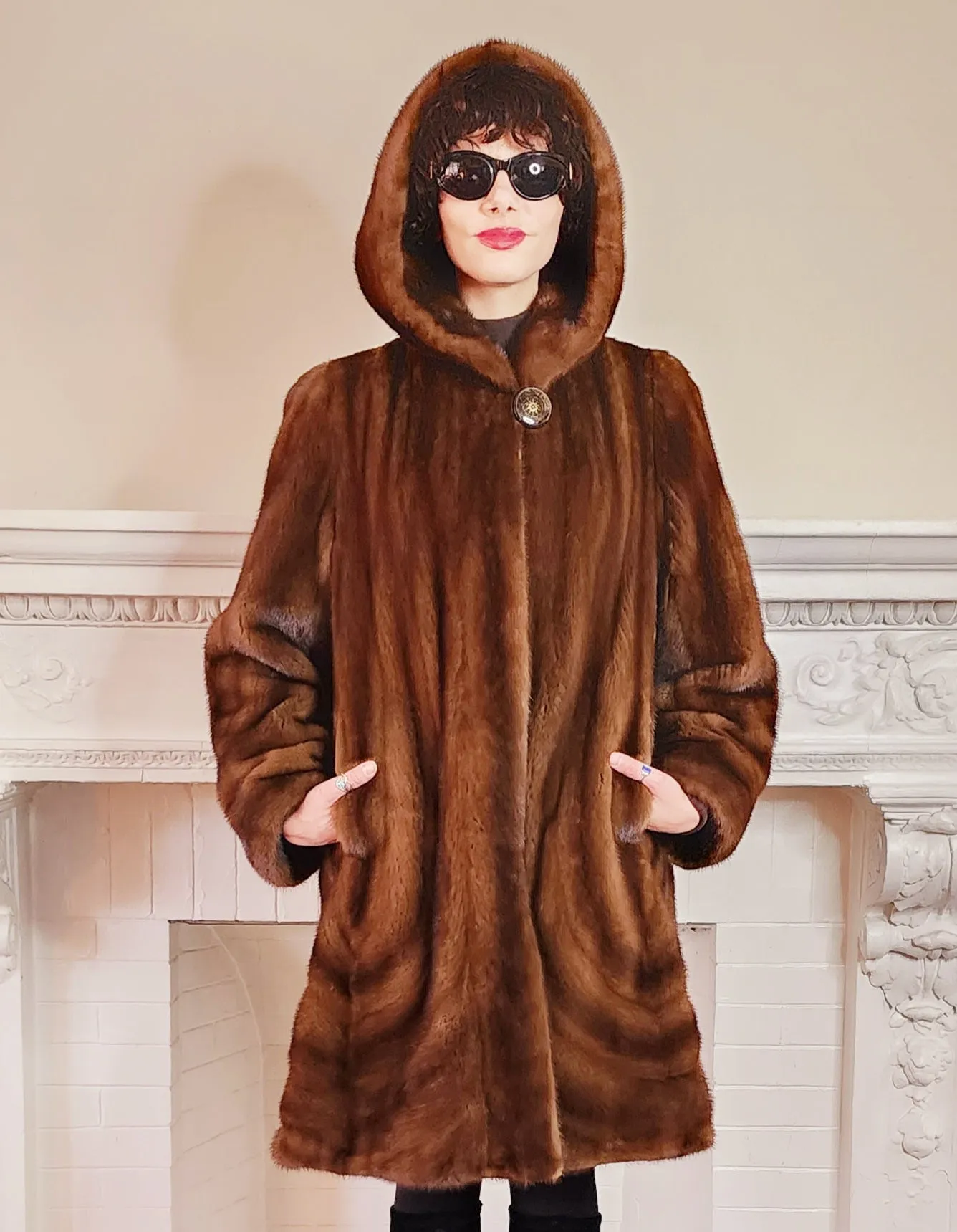 90s Brown Mink Fur Stroller Coat, Hooded & Swing Style / S