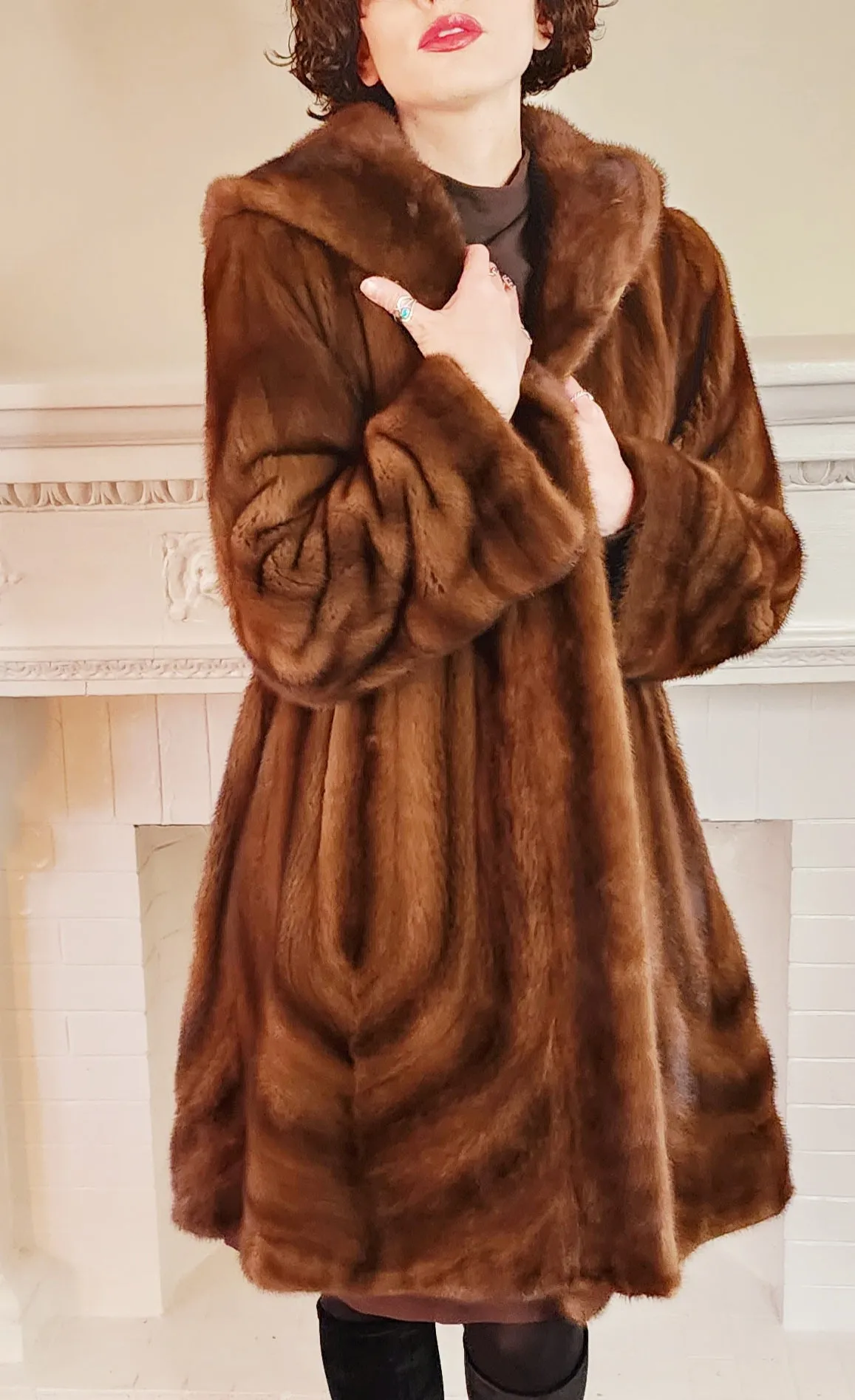 90s Brown Mink Fur Stroller Coat, Hooded & Swing Style / S