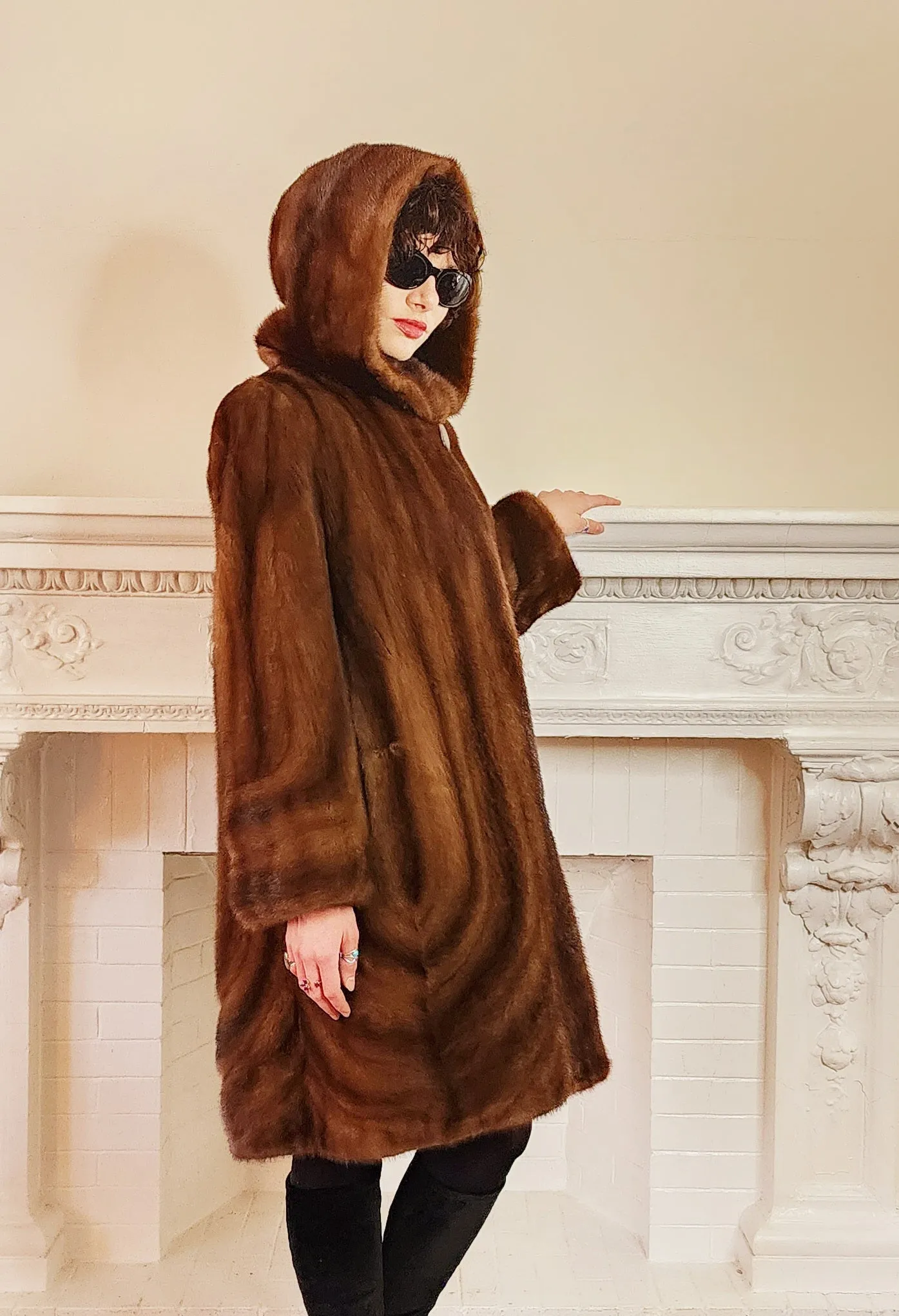 90s Brown Mink Fur Stroller Coat, Hooded & Swing Style / S