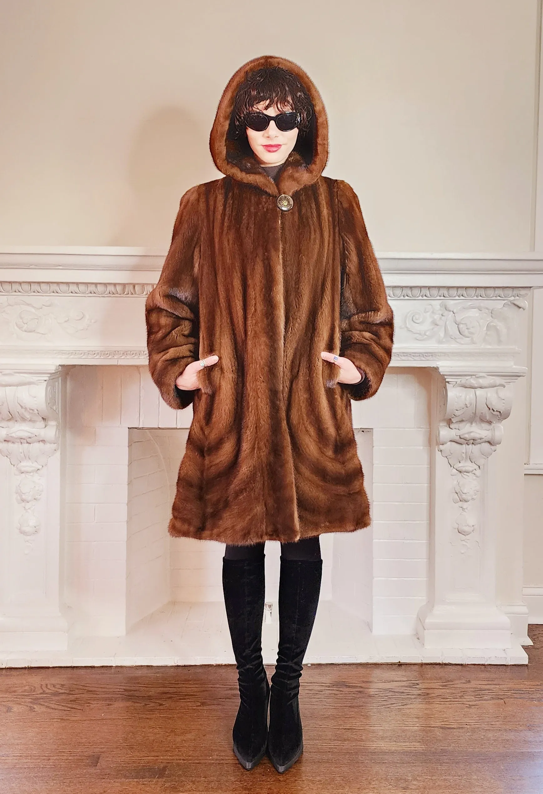 90s Brown Mink Fur Stroller Coat, Hooded & Swing Style / S