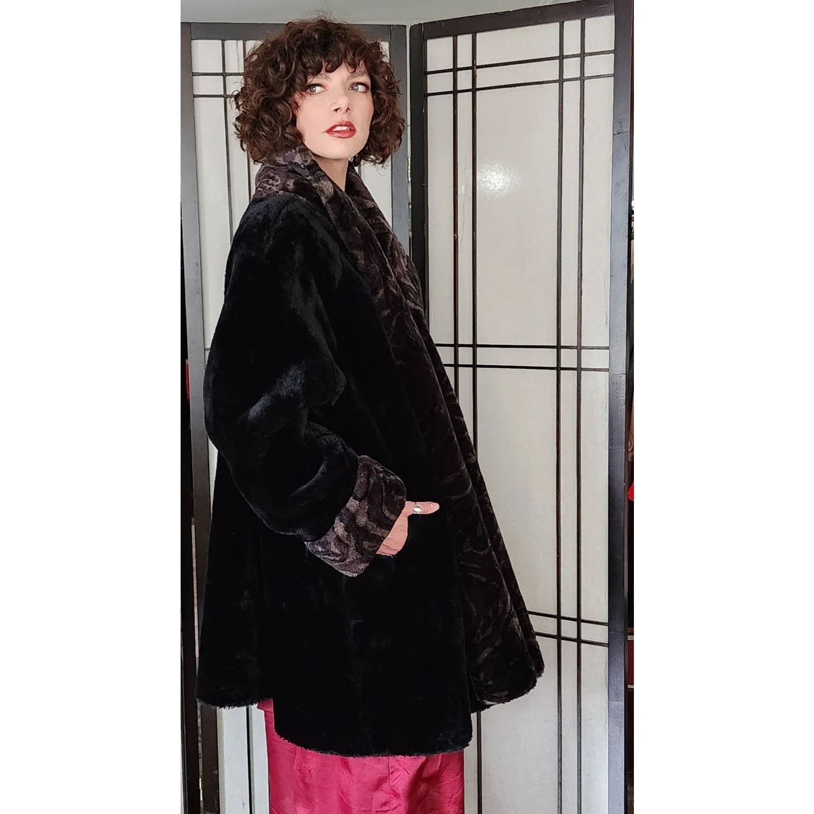90s does 20s Faux Fur Coat Black Brown by Monterey Deadstock NOS
