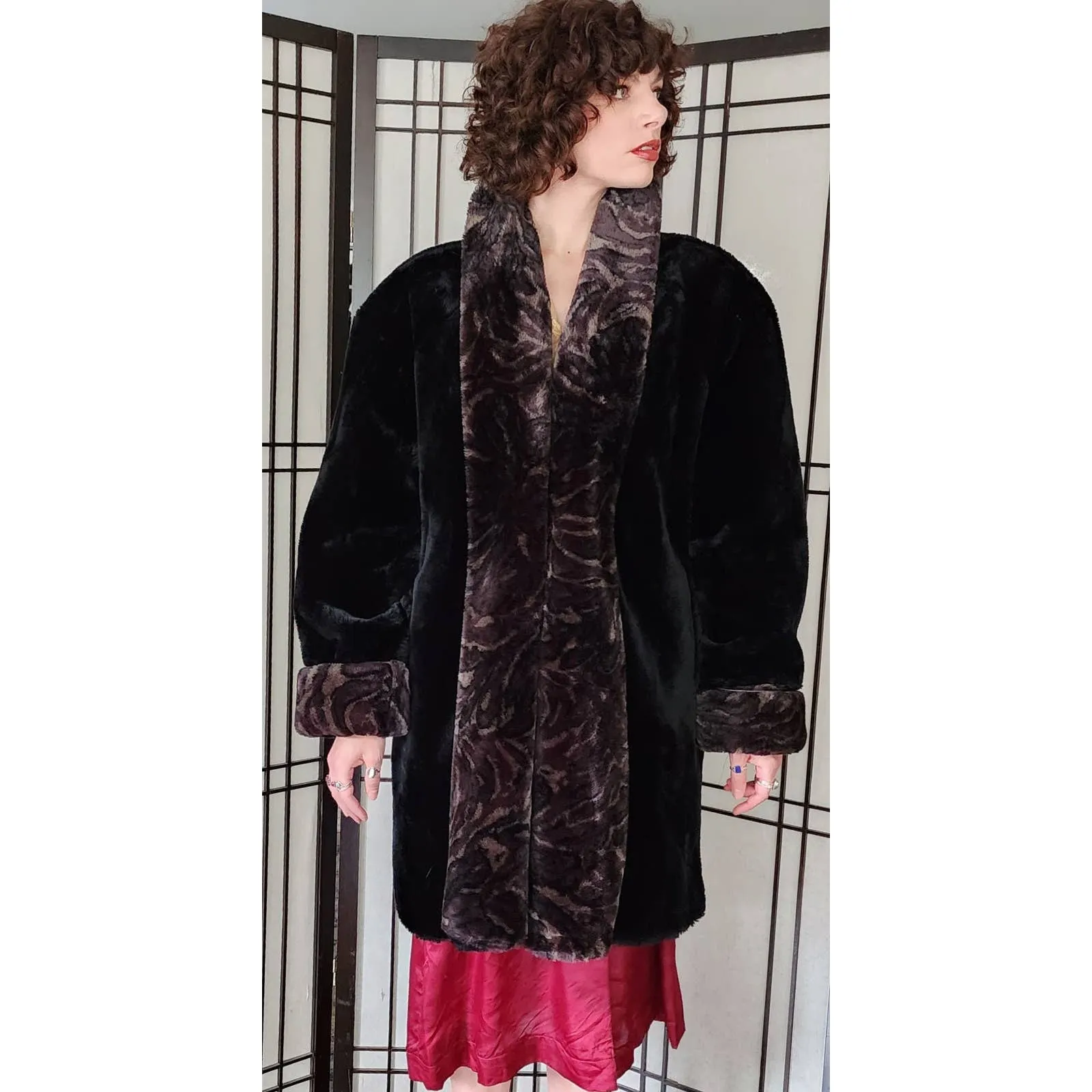 90s does 20s Faux Fur Coat Black Brown by Monterey Deadstock NOS