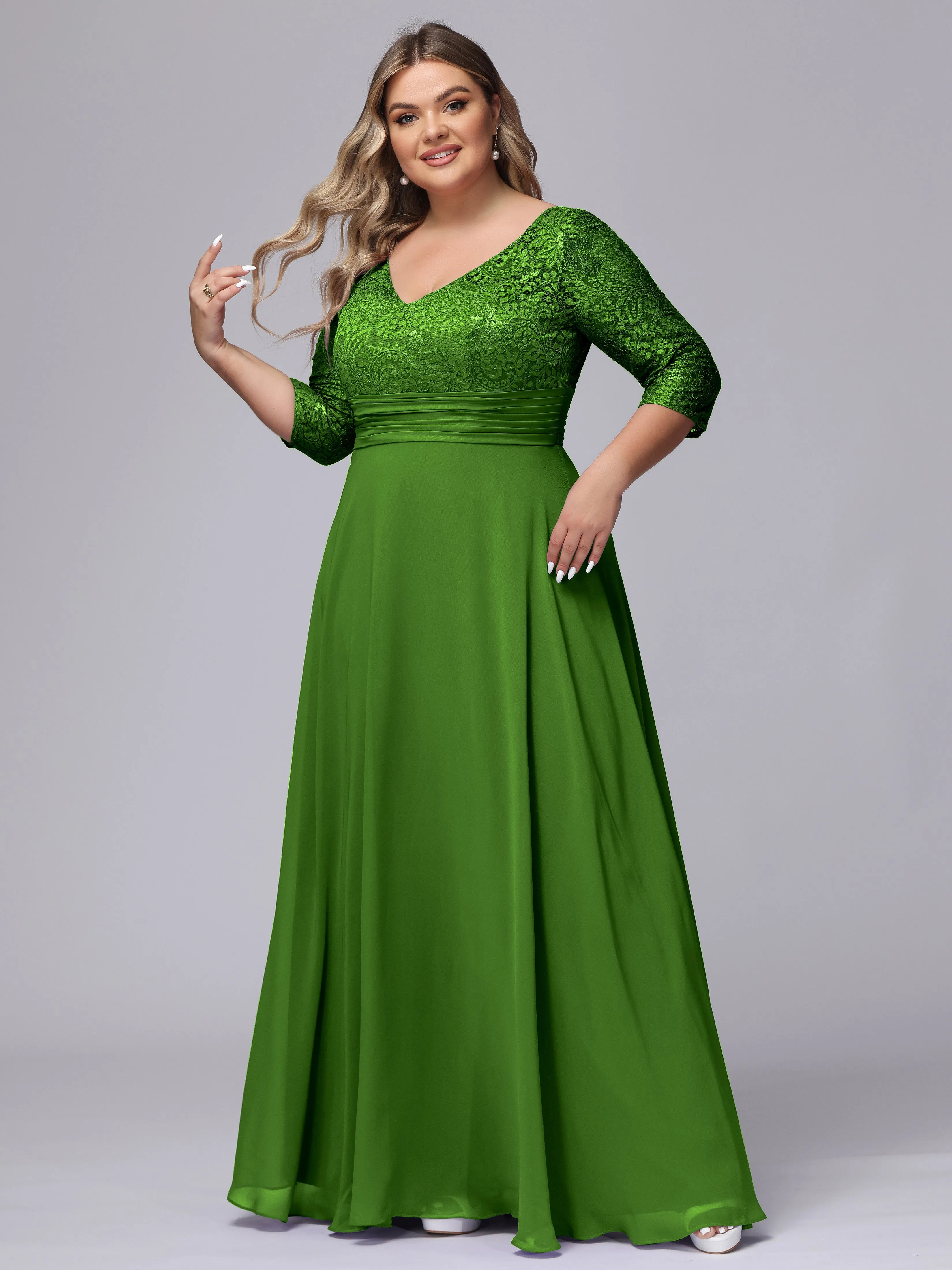 A-line V-Neck 3/4 Sleeves Lace Chiffon Plus Size Bridesmaid Dresses