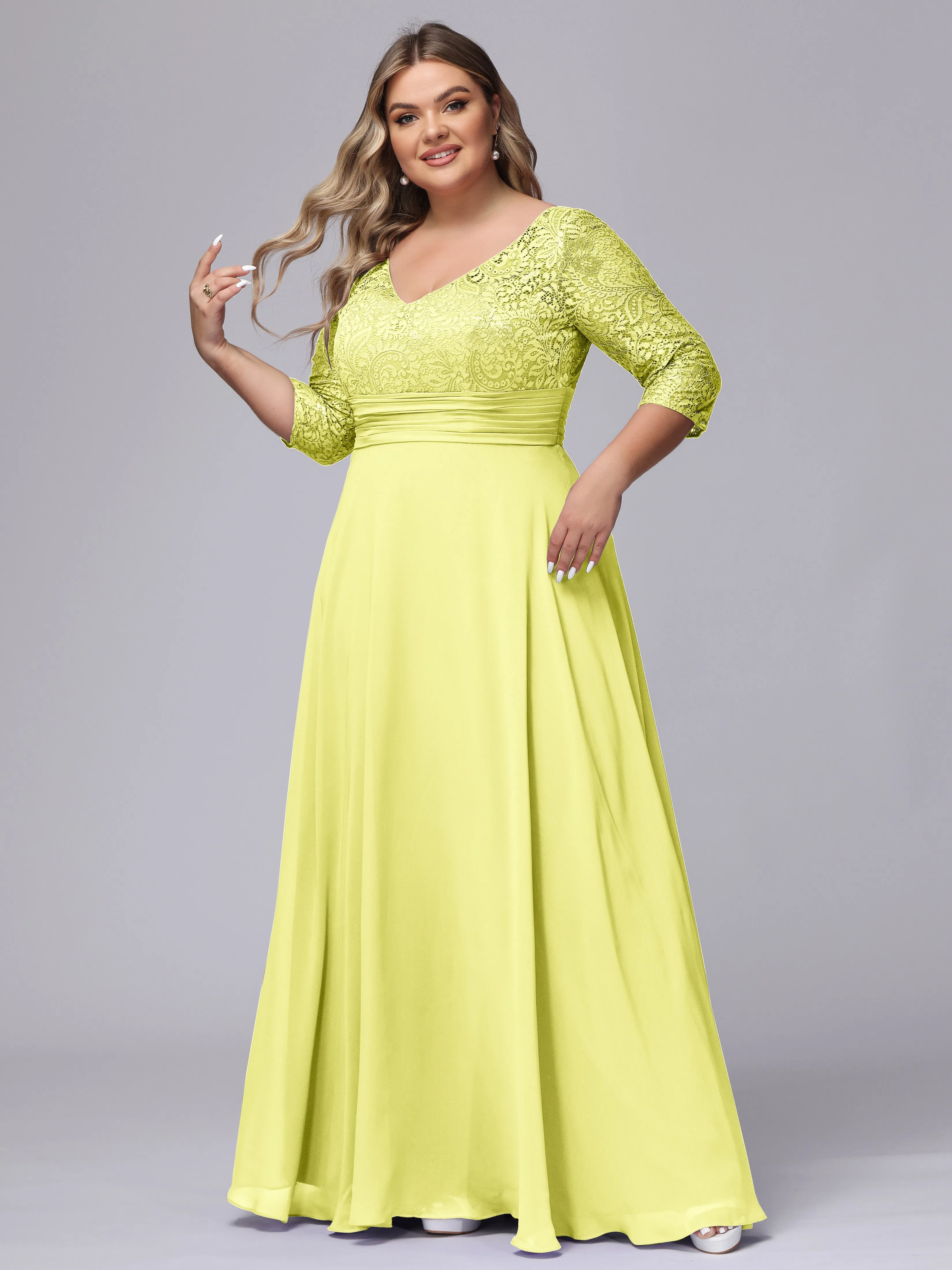 A-line V-Neck 3/4 Sleeves Lace Chiffon Plus Size Bridesmaid Dresses