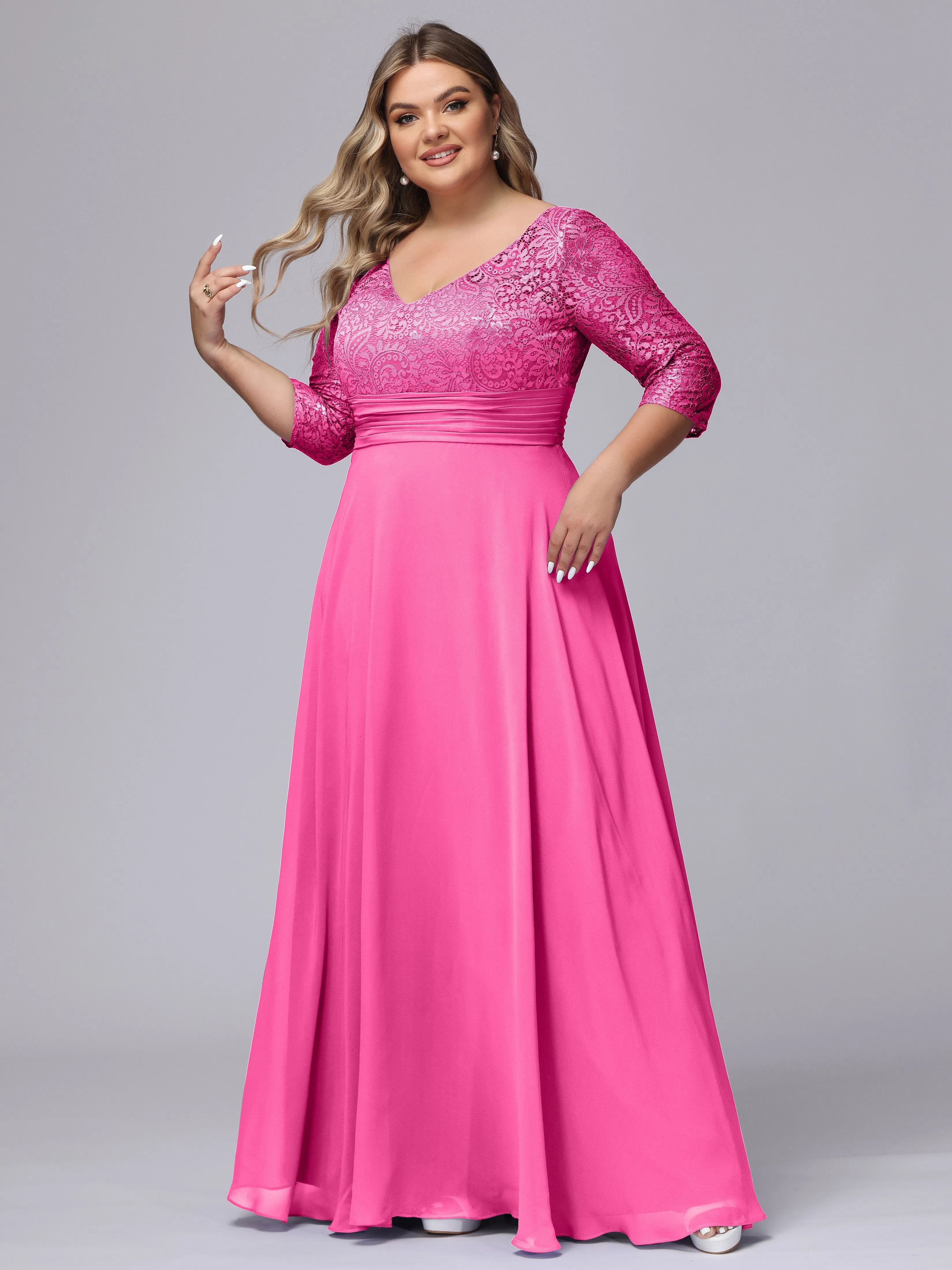 A-line V-Neck 3/4 Sleeves Lace Chiffon Plus Size Bridesmaid Dresses