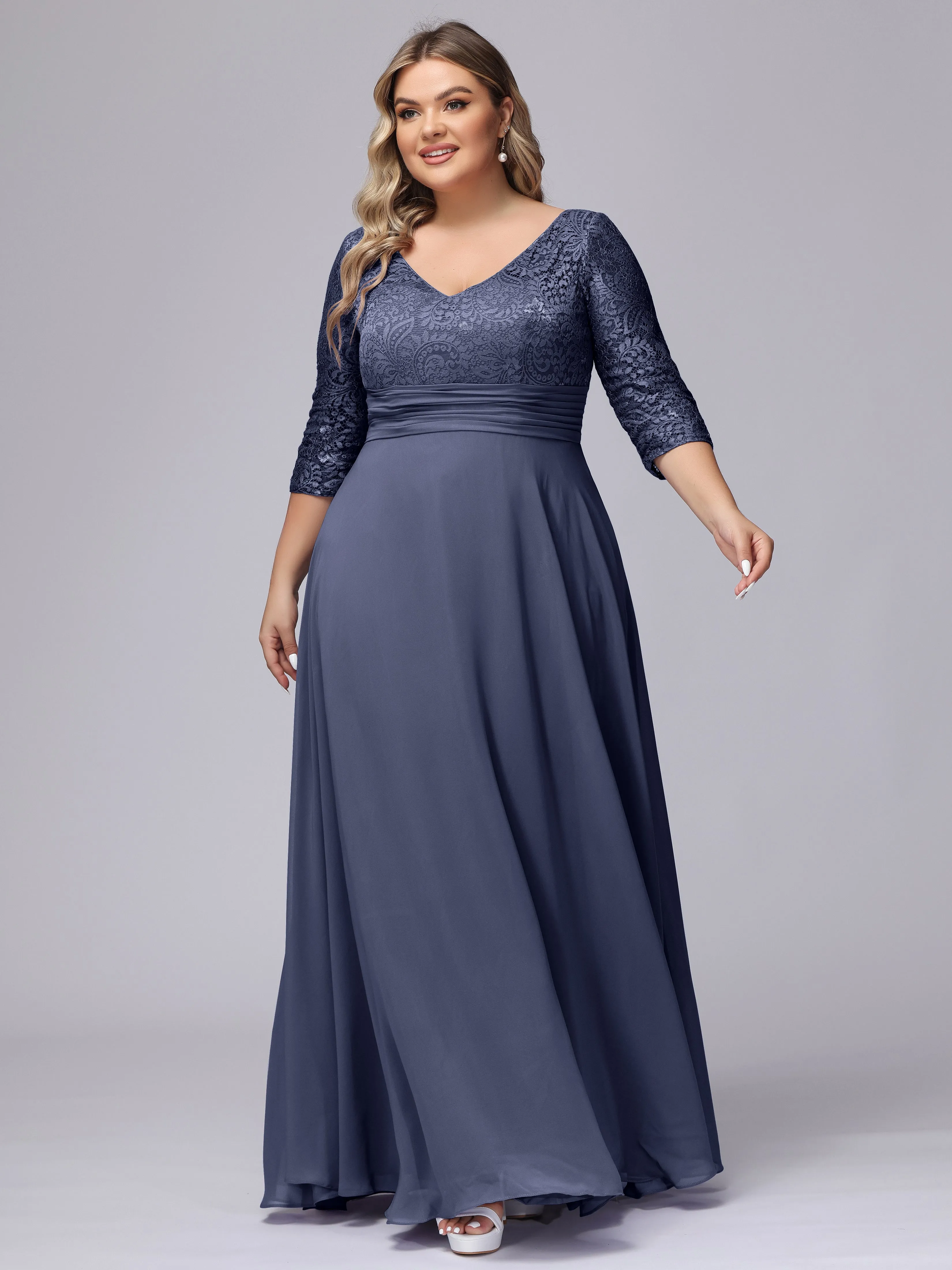 A-line V-Neck 3/4 Sleeves Lace Chiffon Plus Size Bridesmaid Dresses