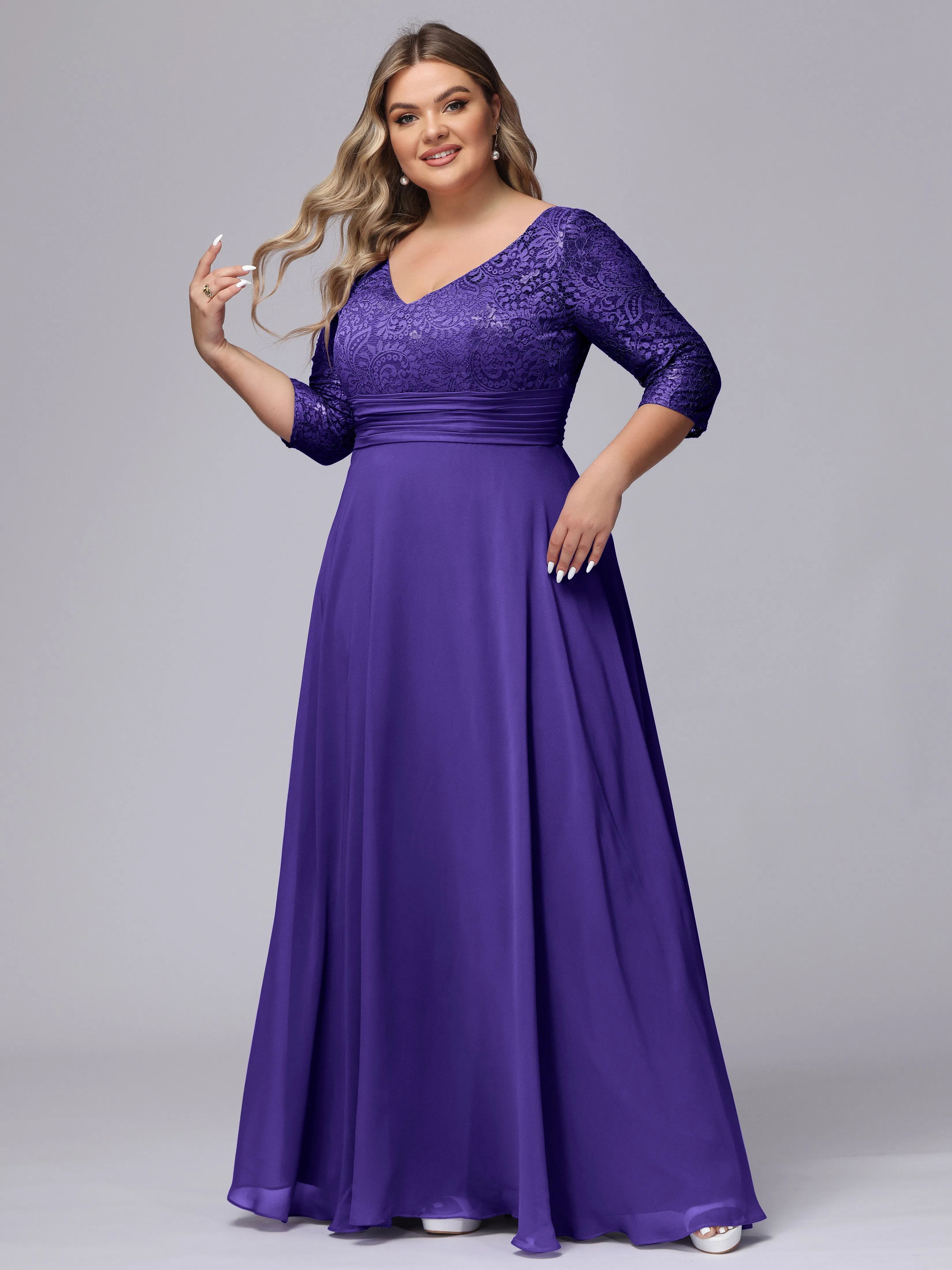 A-line V-Neck 3/4 Sleeves Lace Chiffon Plus Size Bridesmaid Dresses