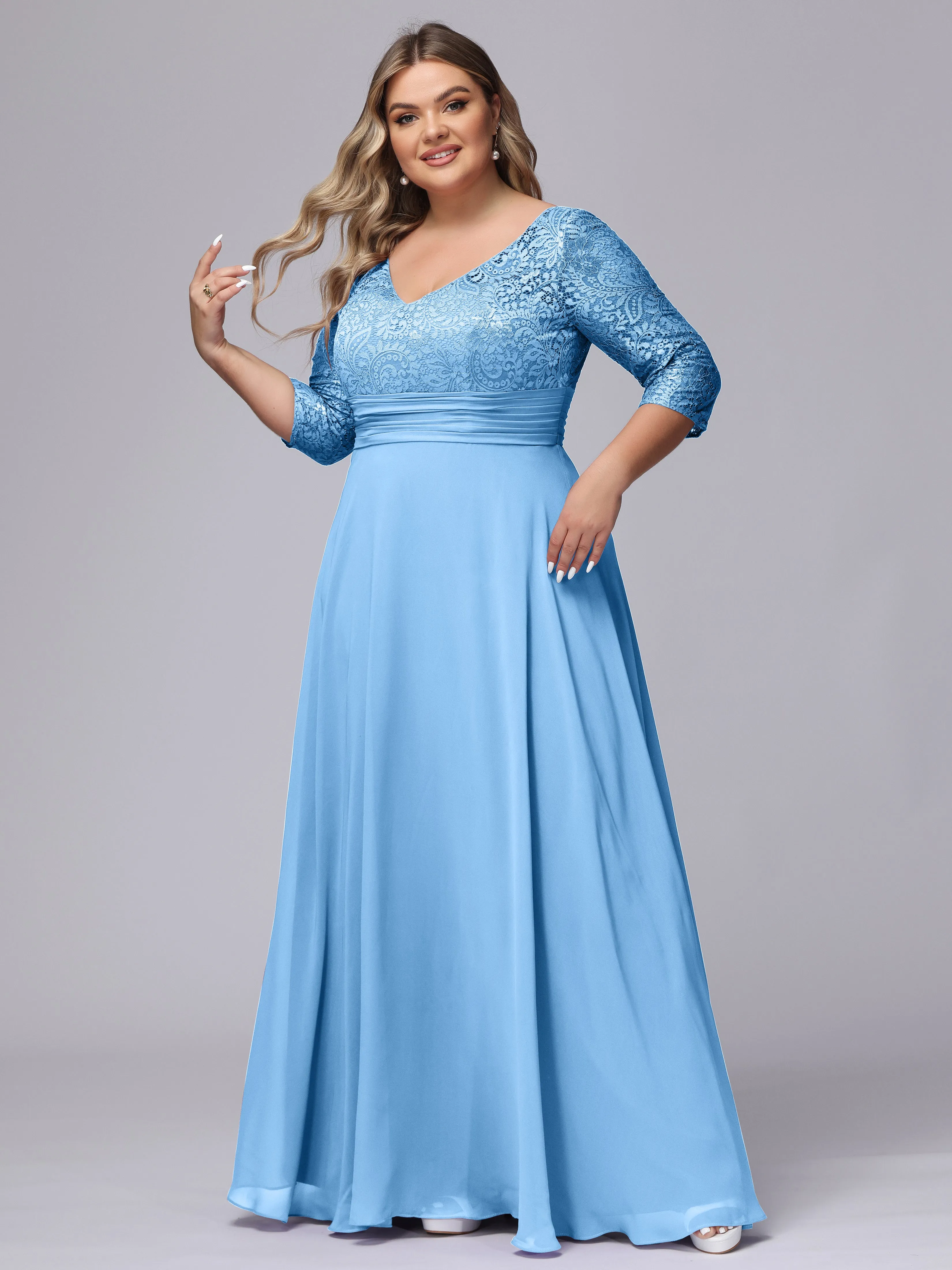 A-line V-Neck 3/4 Sleeves Lace Chiffon Plus Size Bridesmaid Dresses