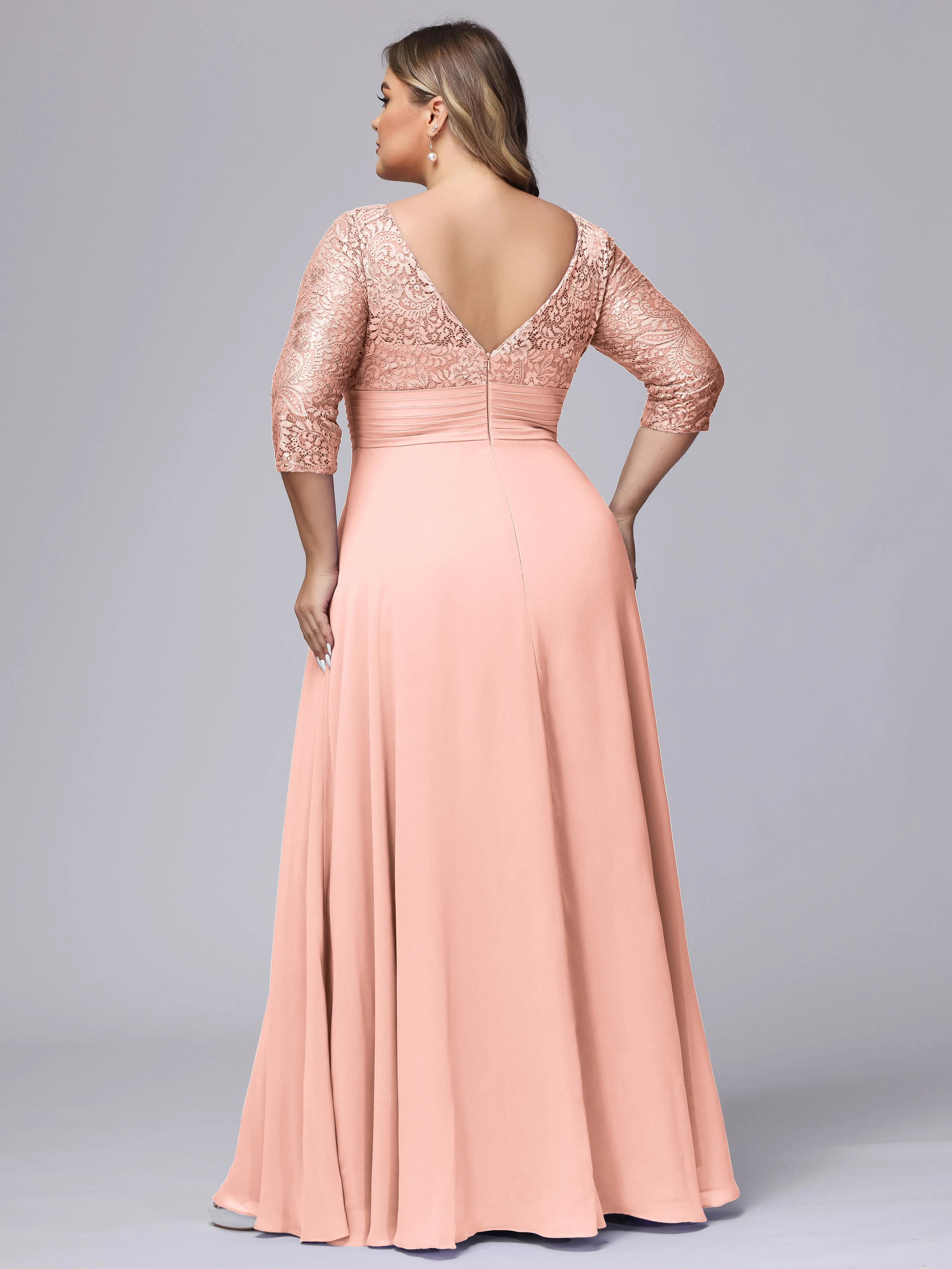 A-line V-Neck 3/4 Sleeves Lace Chiffon Plus Size Bridesmaid Dresses
