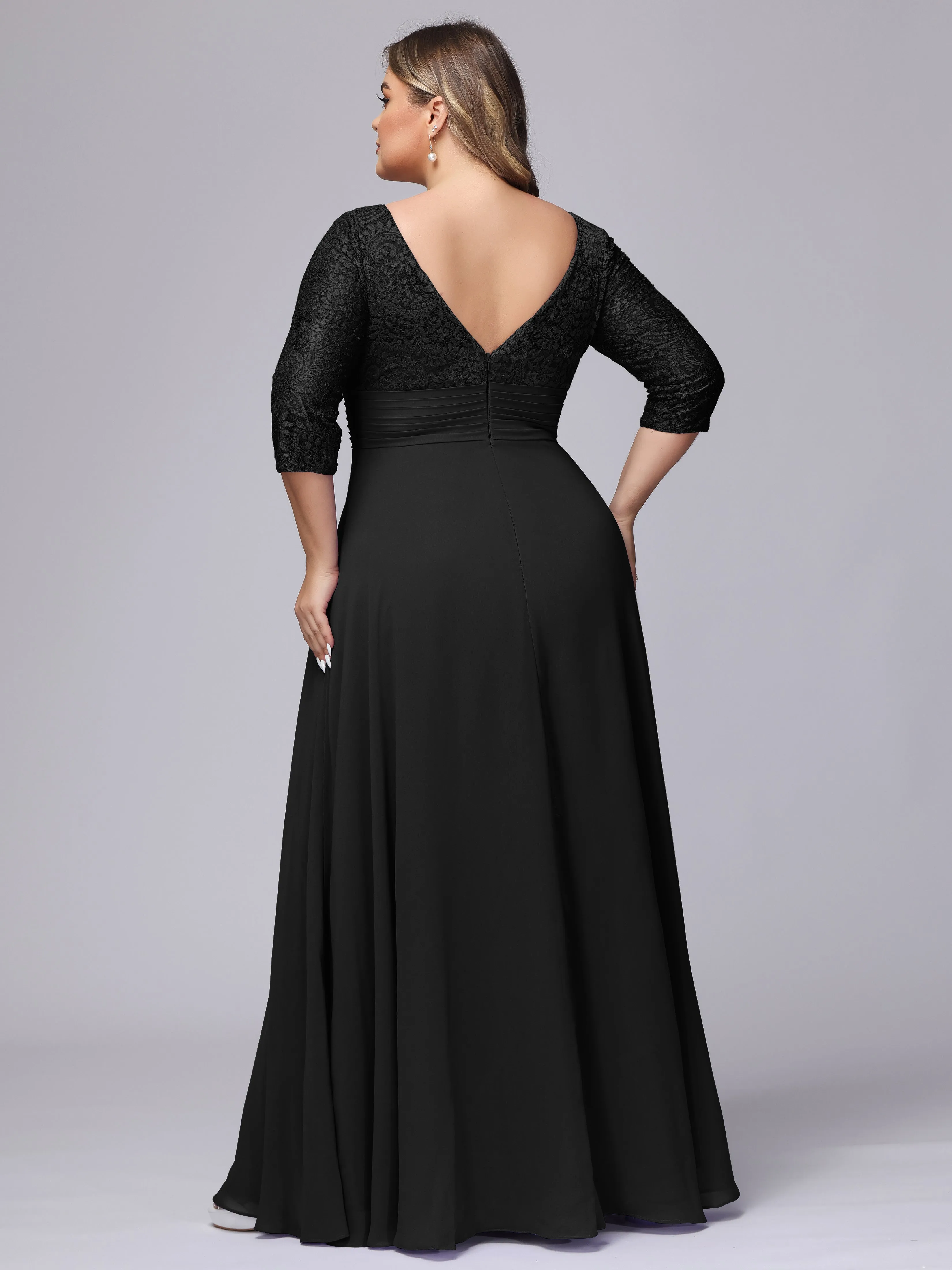 A-line V-Neck 3/4 Sleeves Lace Chiffon Plus Size Bridesmaid Dresses