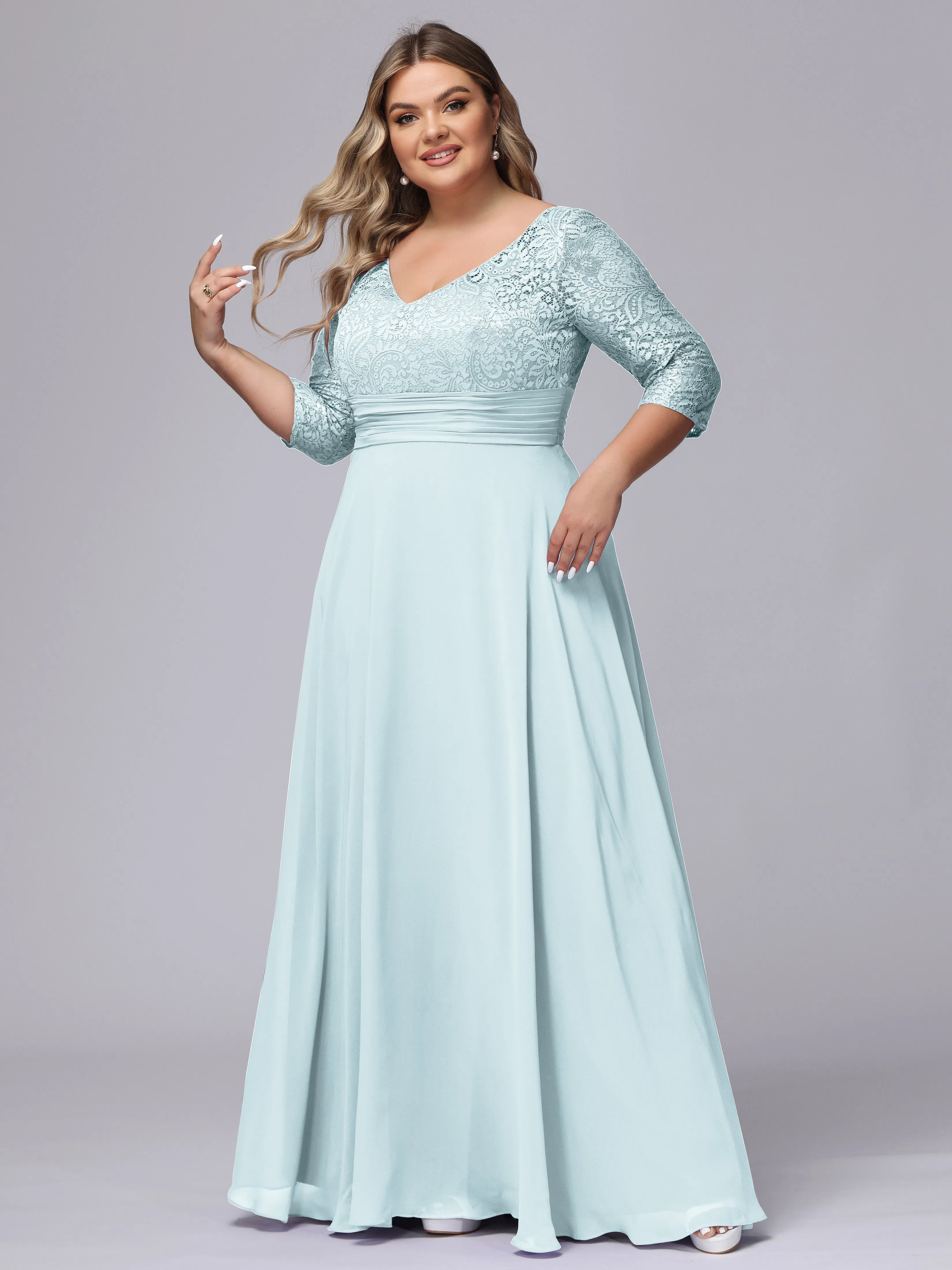 A-line V-Neck 3/4 Sleeves Lace Chiffon Plus Size Bridesmaid Dresses