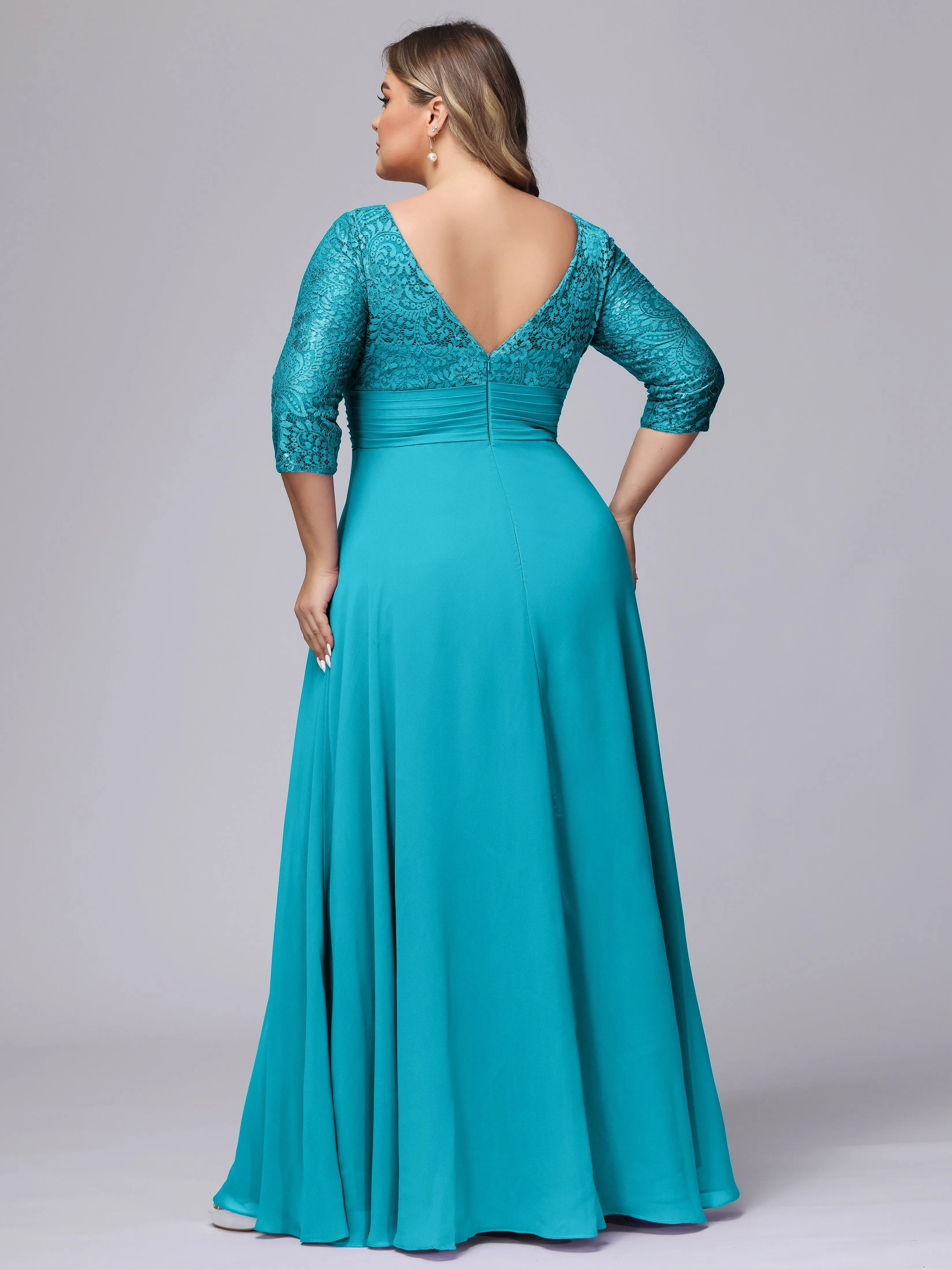 A-line V-Neck 3/4 Sleeves Lace Chiffon Plus Size Bridesmaid Dresses