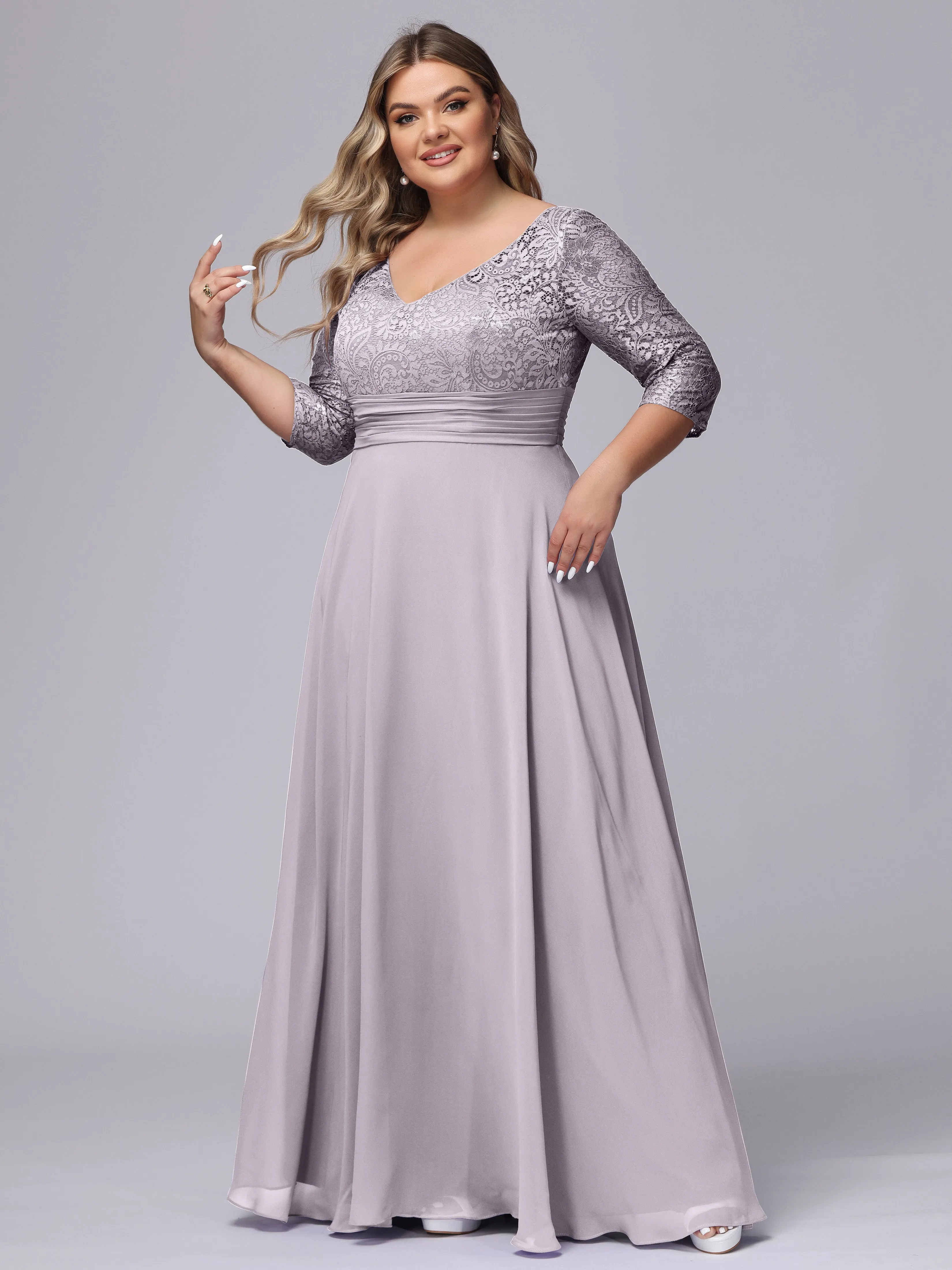 A-line V-Neck 3/4 Sleeves Lace Chiffon Plus Size Bridesmaid Dresses