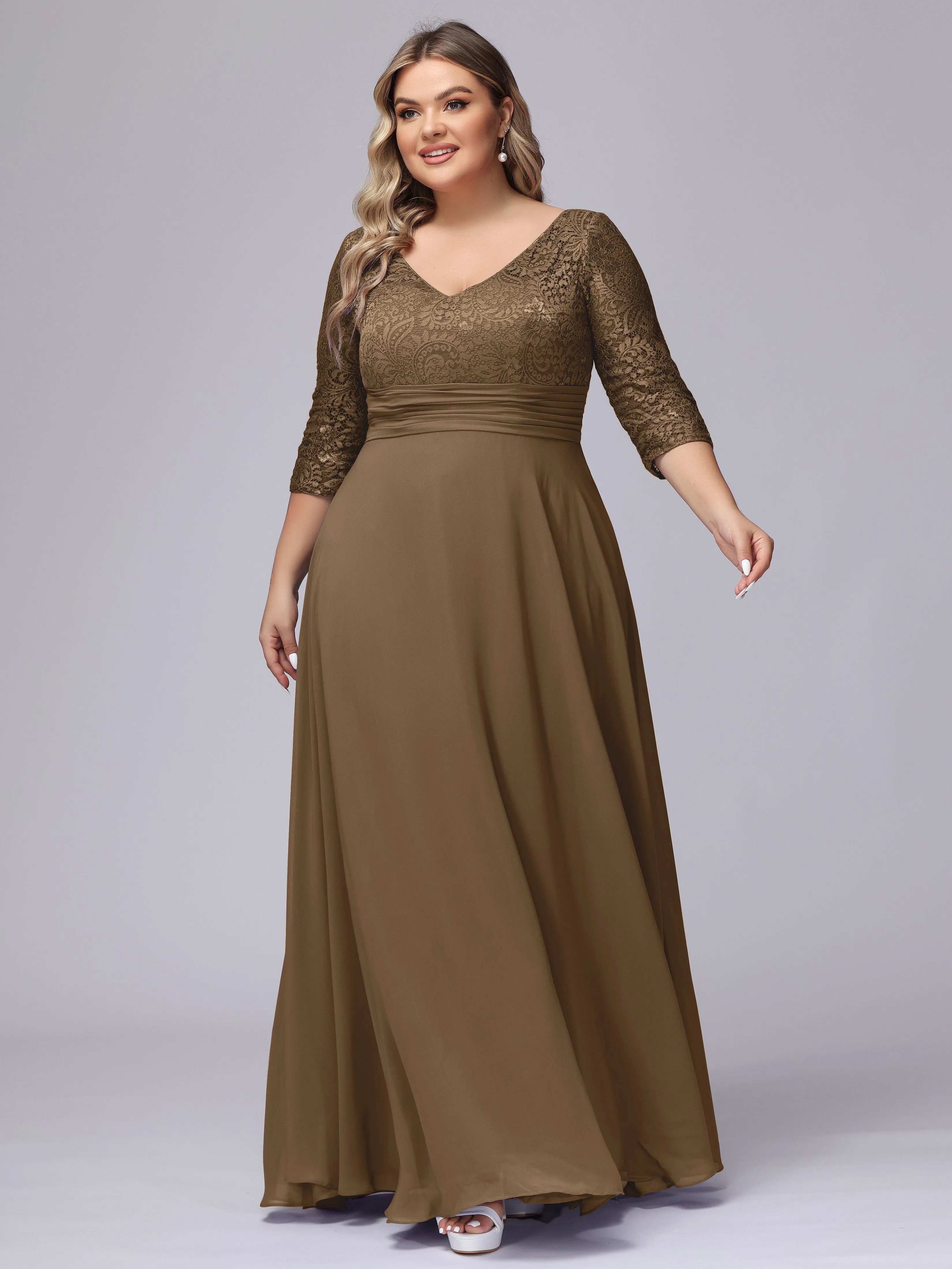A-line V-Neck 3/4 Sleeves Lace Chiffon Plus Size Bridesmaid Dresses