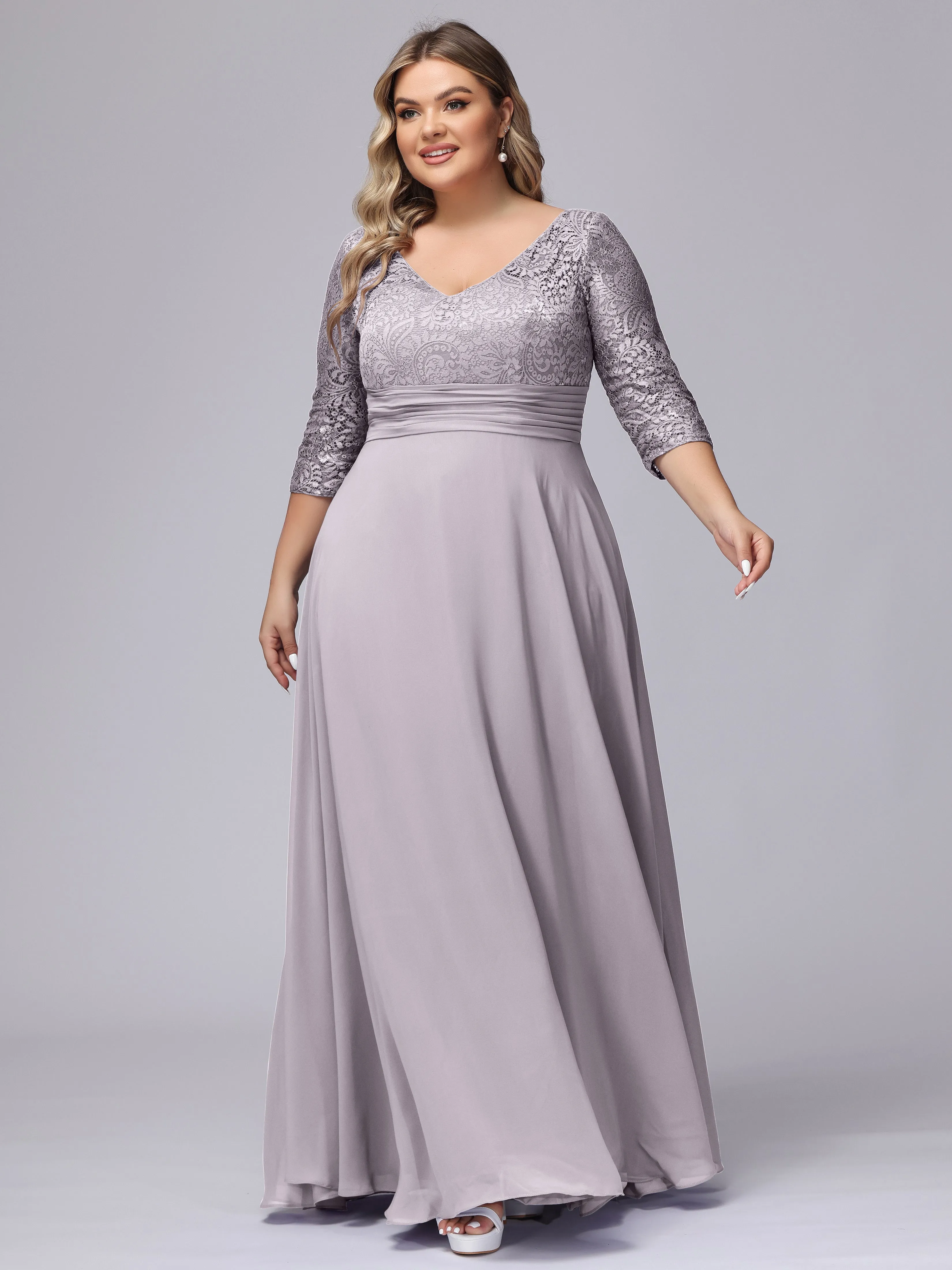 A-line V-Neck 3/4 Sleeves Lace Chiffon Plus Size Bridesmaid Dresses