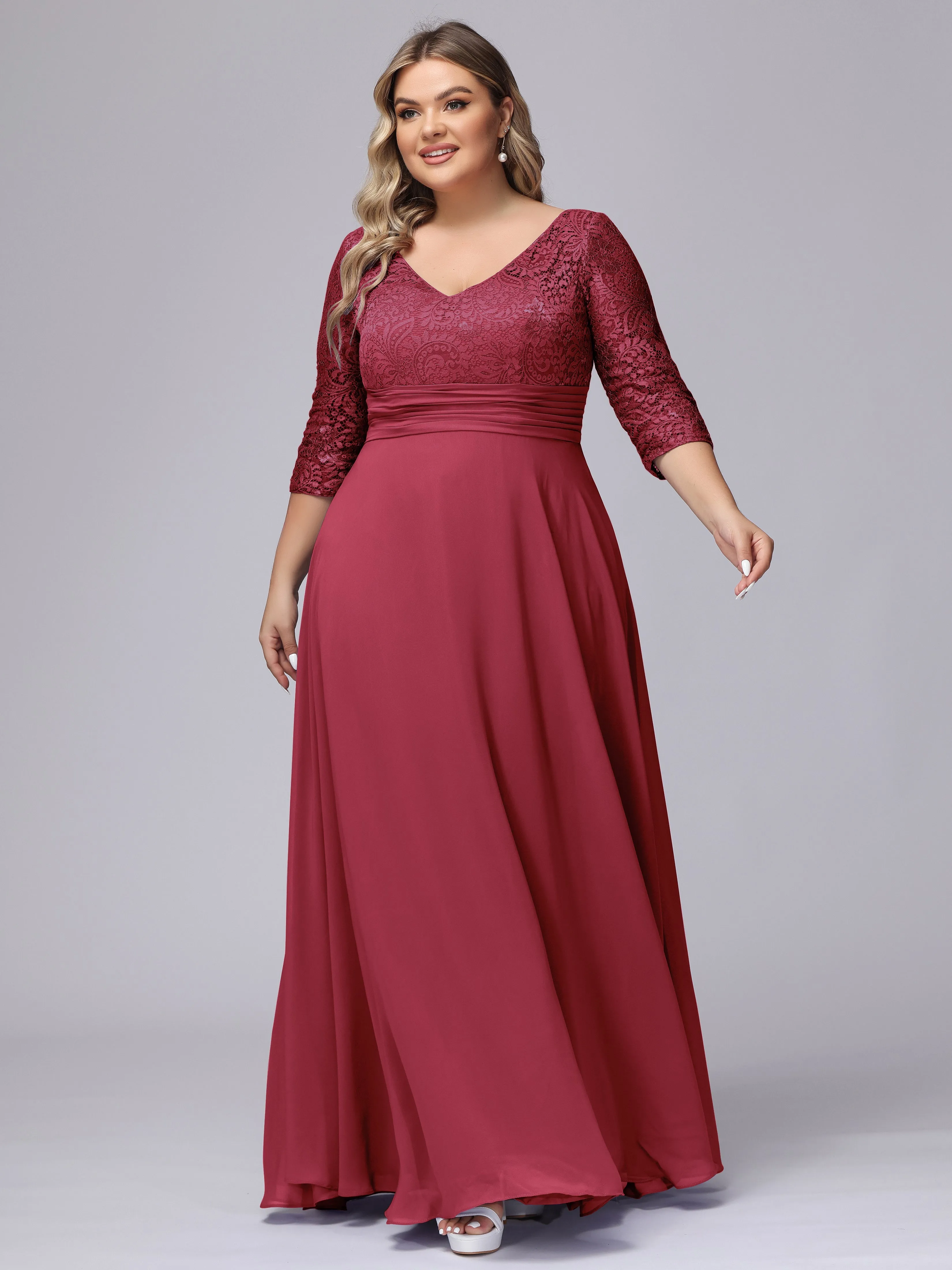 A-line V-Neck 3/4 Sleeves Lace Chiffon Plus Size Bridesmaid Dresses