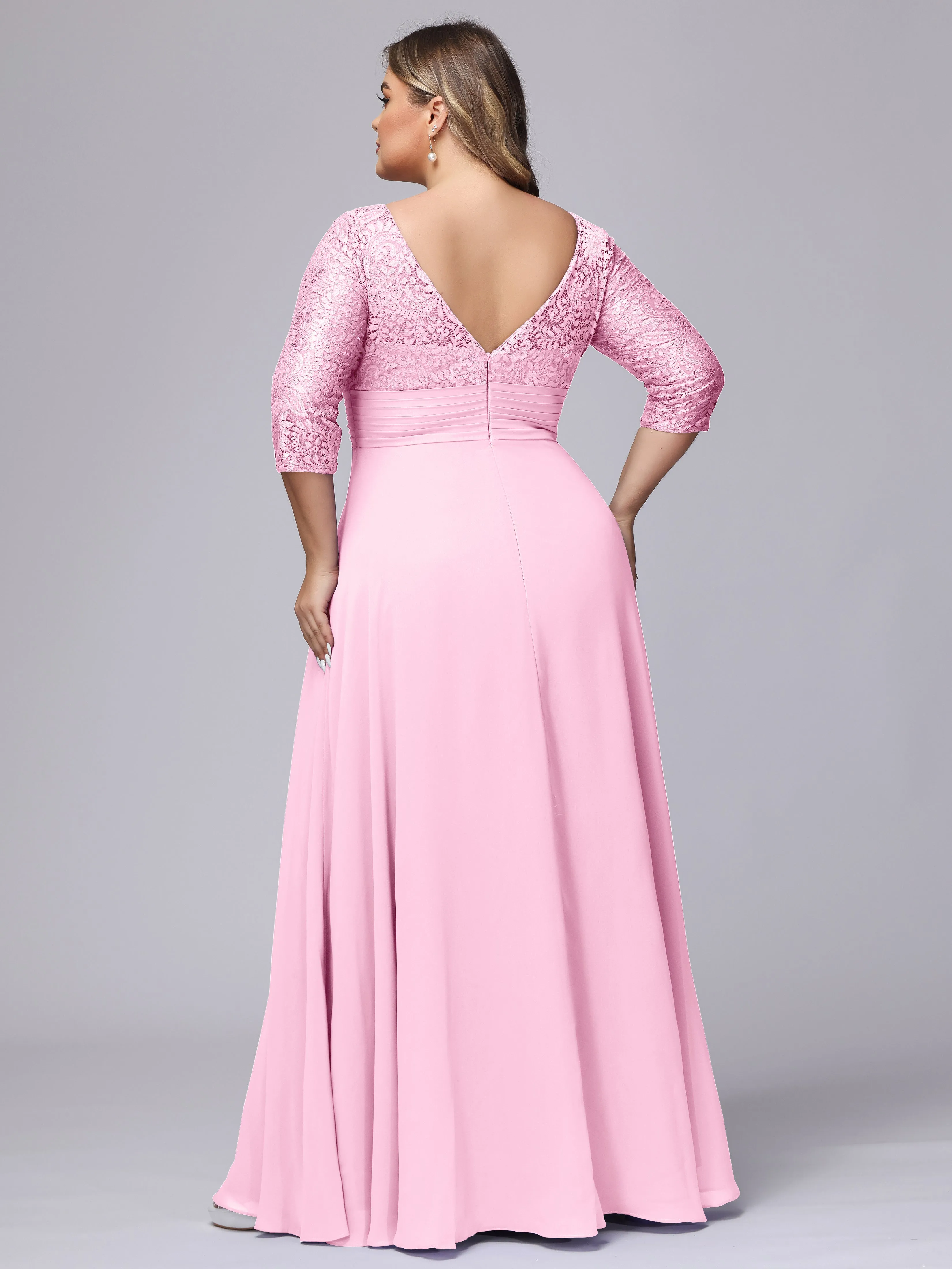 A-line V-Neck 3/4 Sleeves Lace Chiffon Plus Size Bridesmaid Dresses