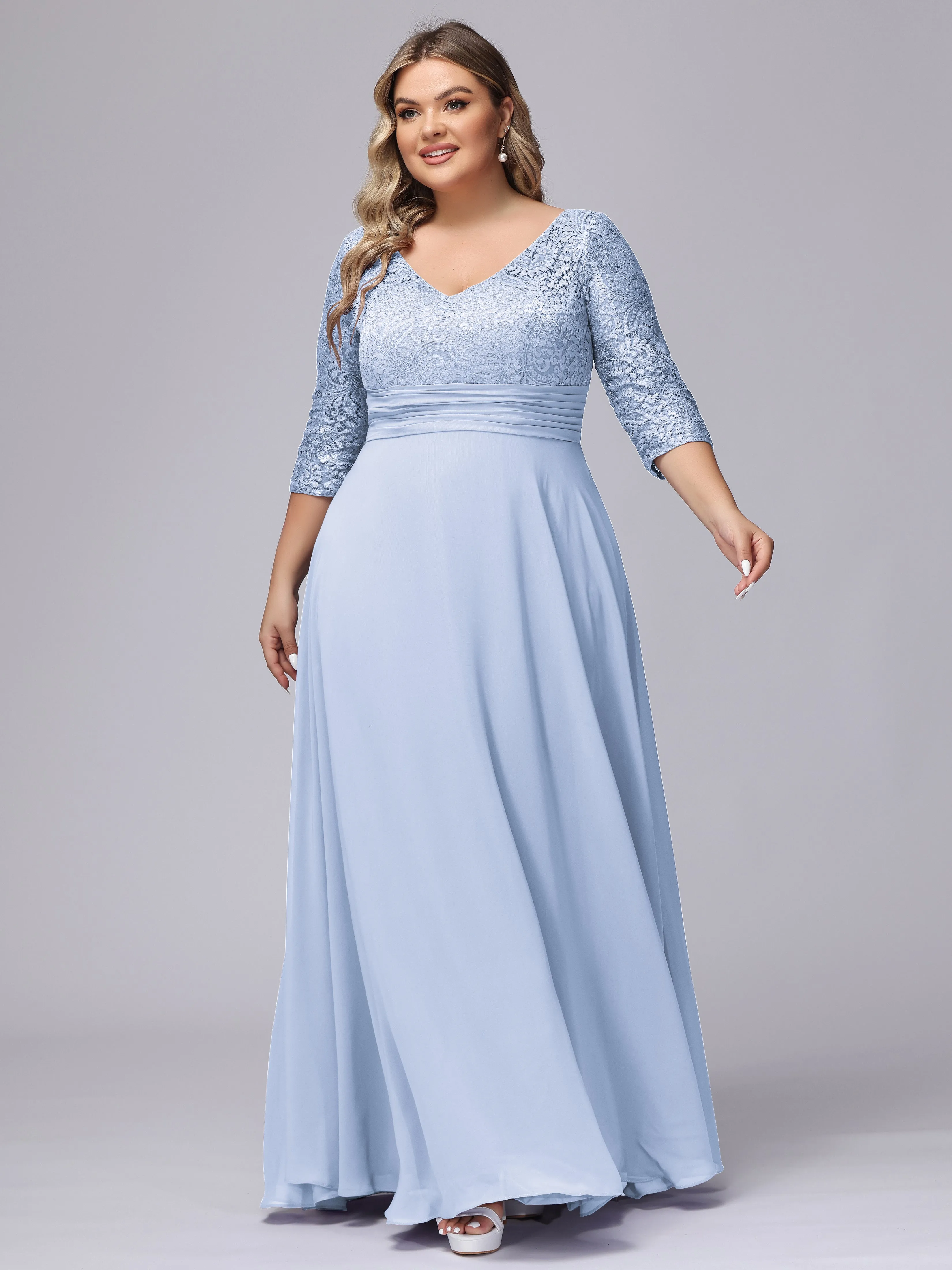 A-line V-Neck 3/4 Sleeves Lace Chiffon Plus Size Bridesmaid Dresses