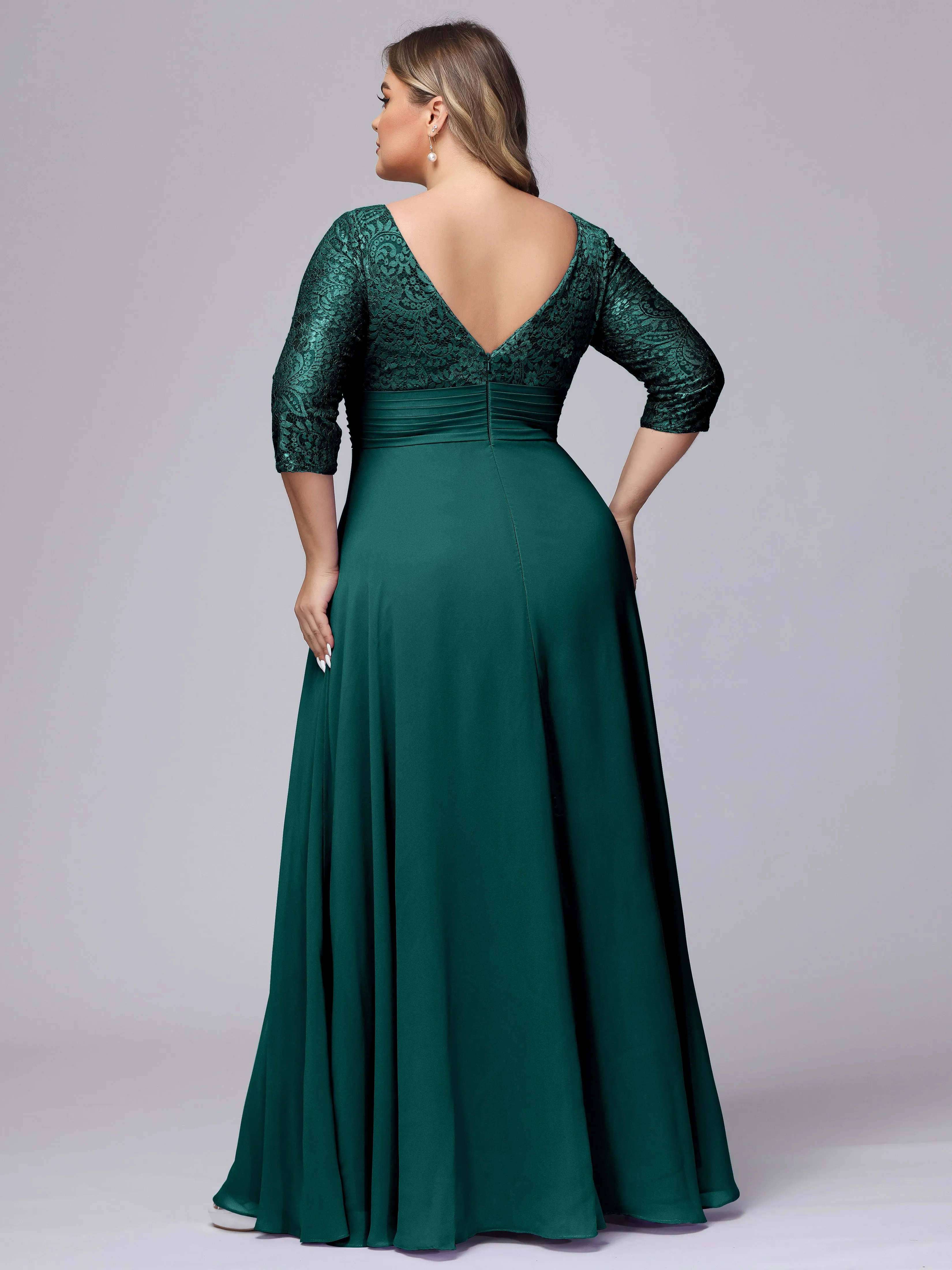 A-line V-Neck 3/4 Sleeves Lace Chiffon Plus Size Bridesmaid Dresses