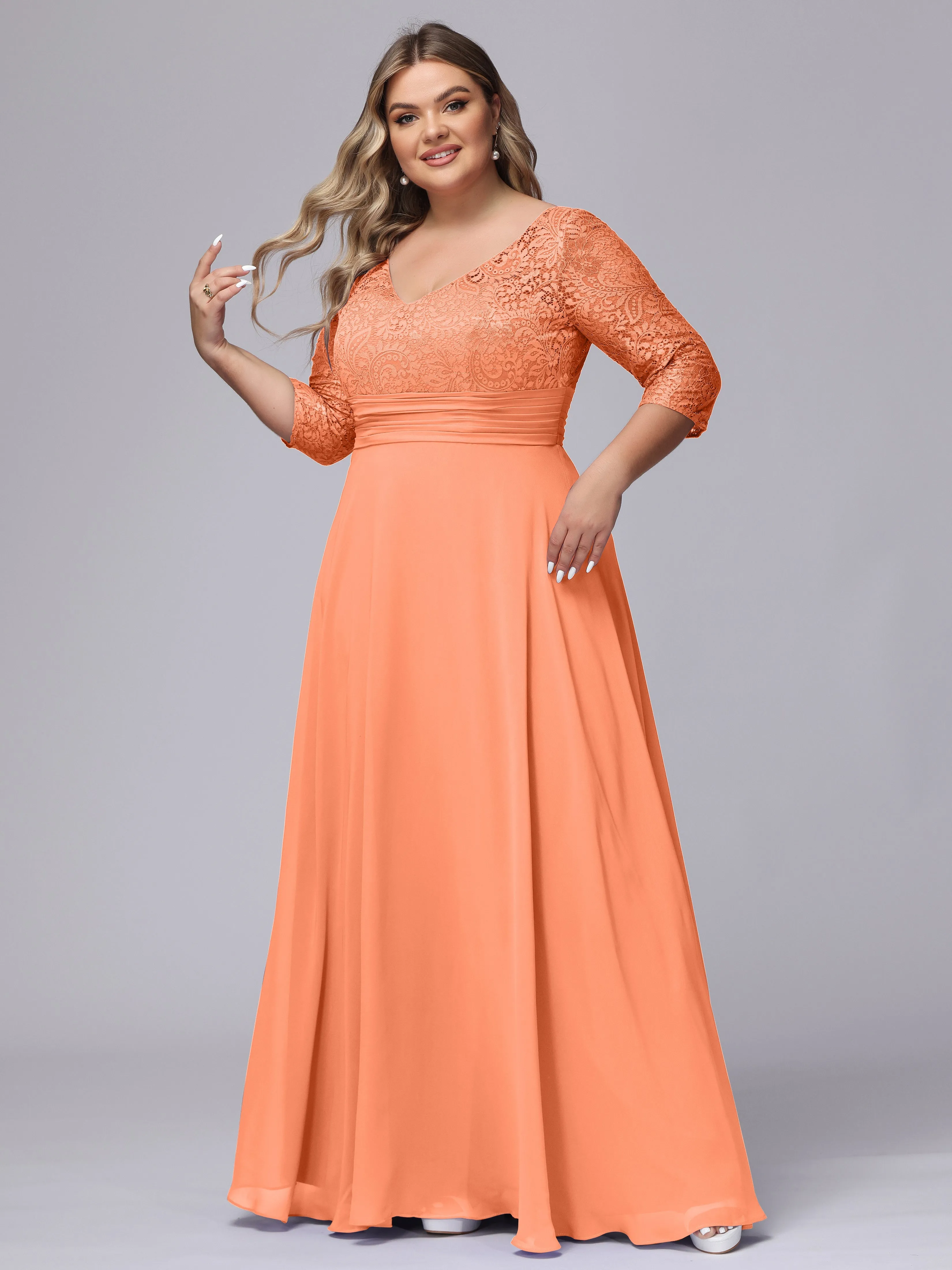A-line V-Neck 3/4 Sleeves Lace Chiffon Plus Size Bridesmaid Dresses