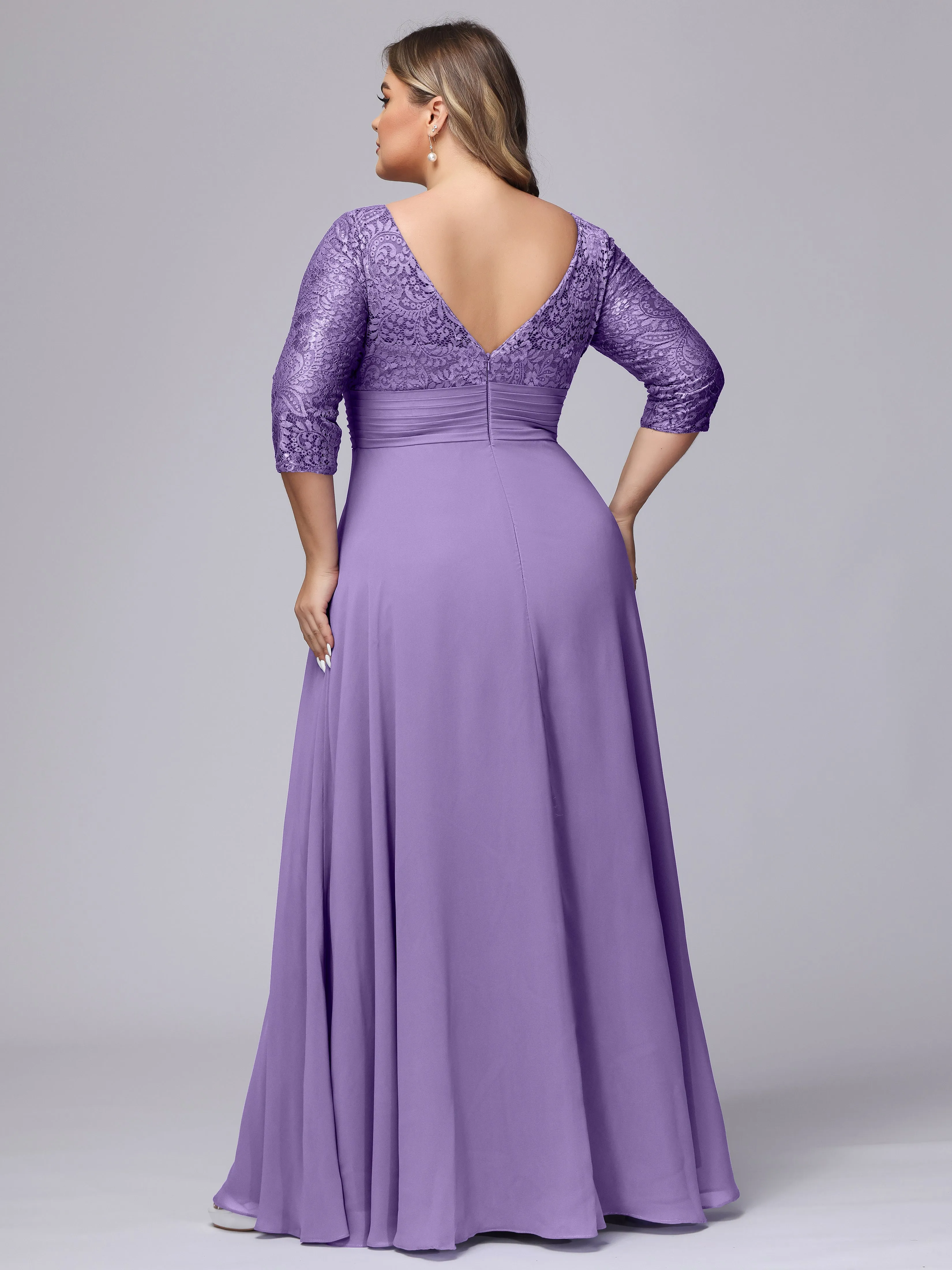 A-line V-Neck 3/4 Sleeves Lace Chiffon Plus Size Bridesmaid Dresses
