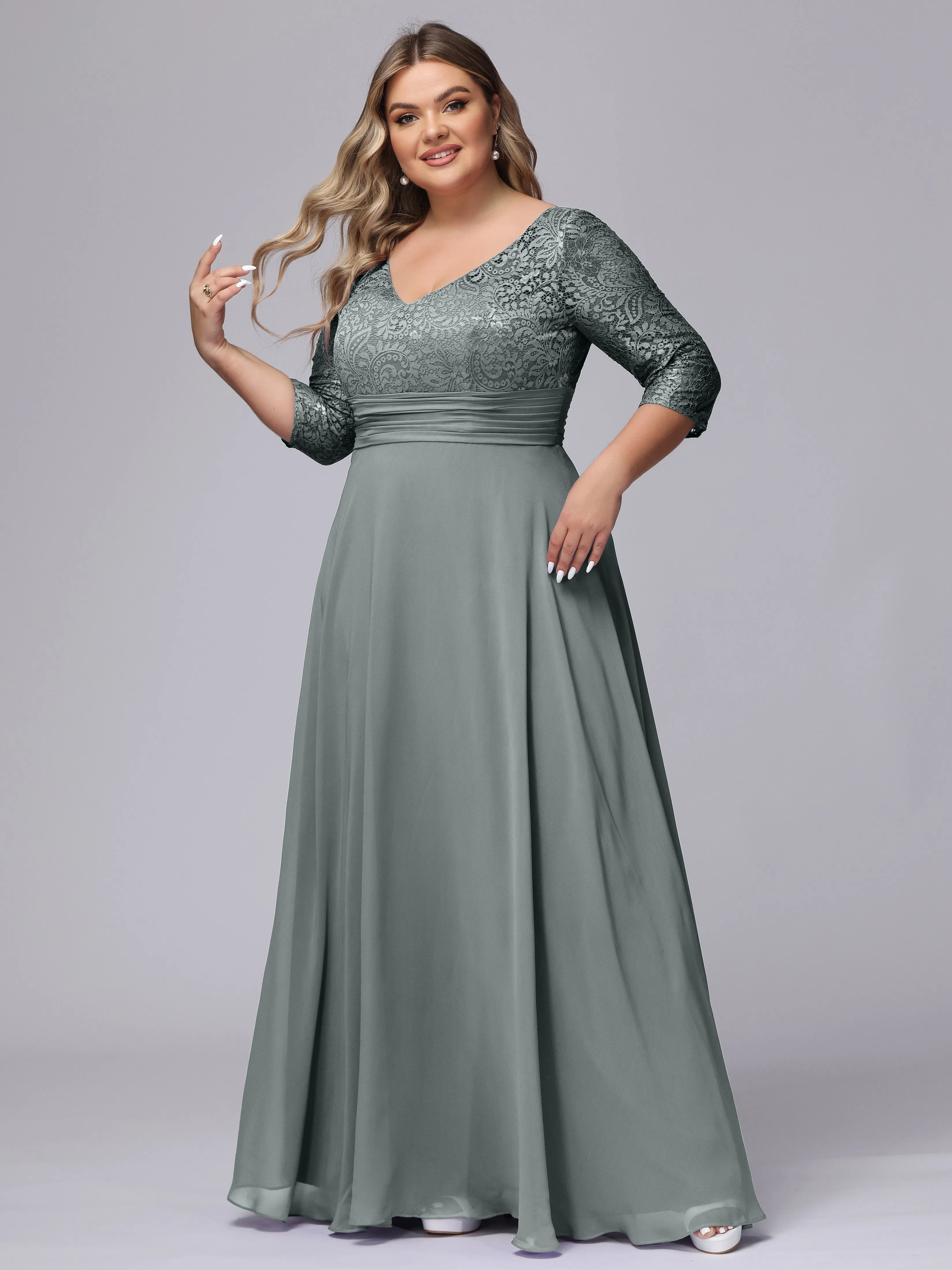 A-line V-Neck 3/4 Sleeves Lace Chiffon Plus Size Bridesmaid Dresses