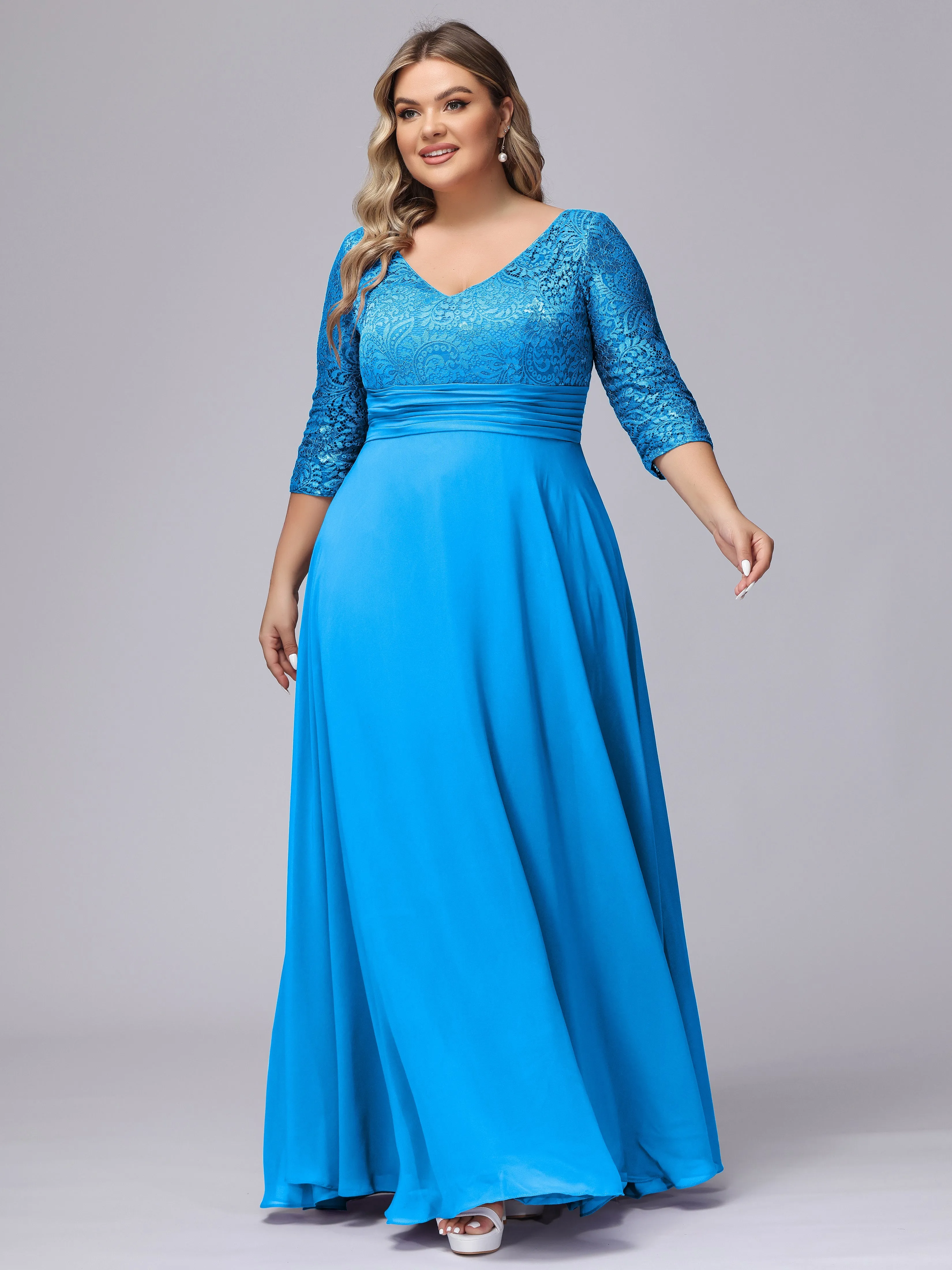 A-line V-Neck 3/4 Sleeves Lace Chiffon Plus Size Bridesmaid Dresses