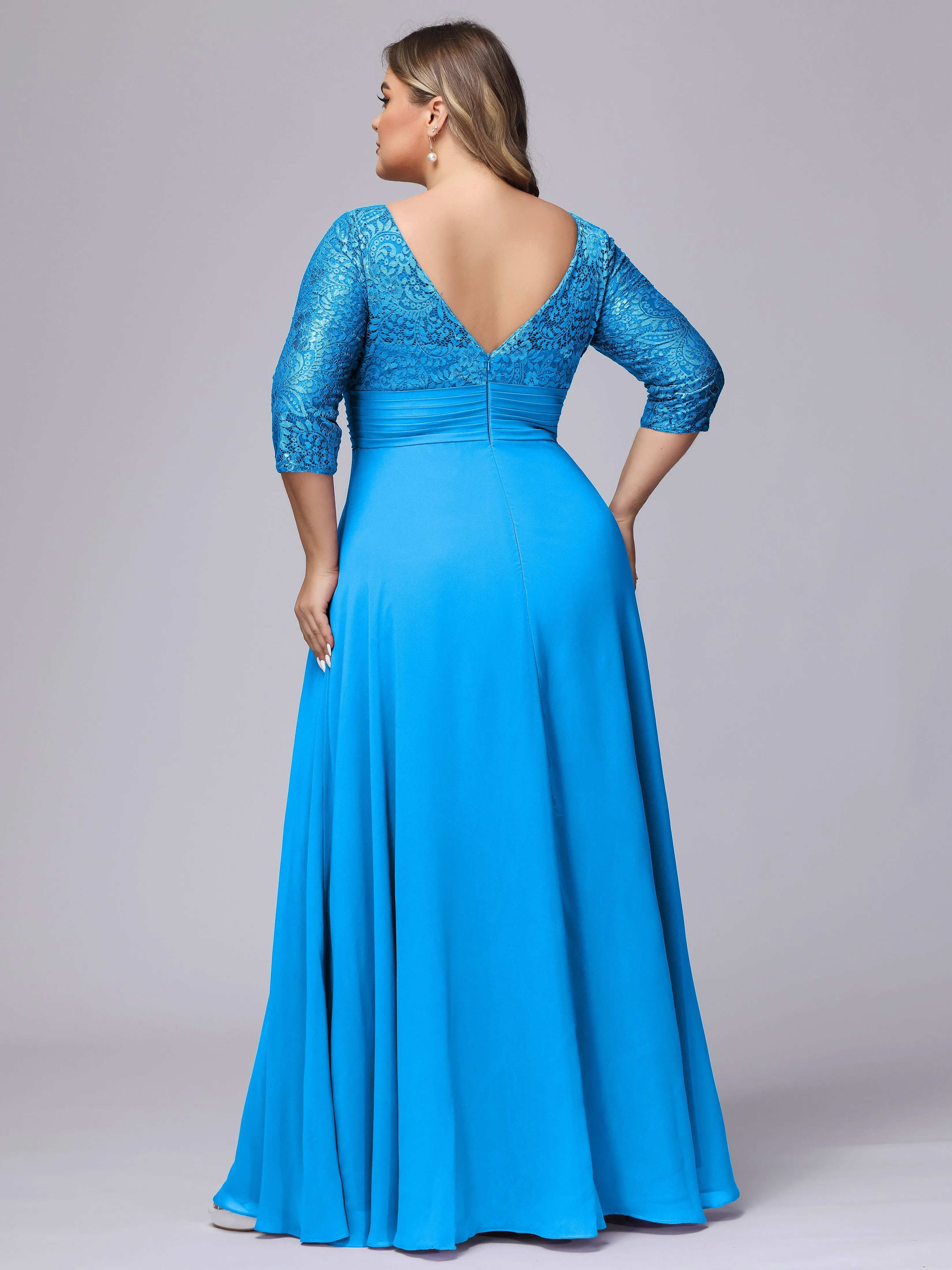 A-line V-Neck 3/4 Sleeves Lace Chiffon Plus Size Bridesmaid Dresses