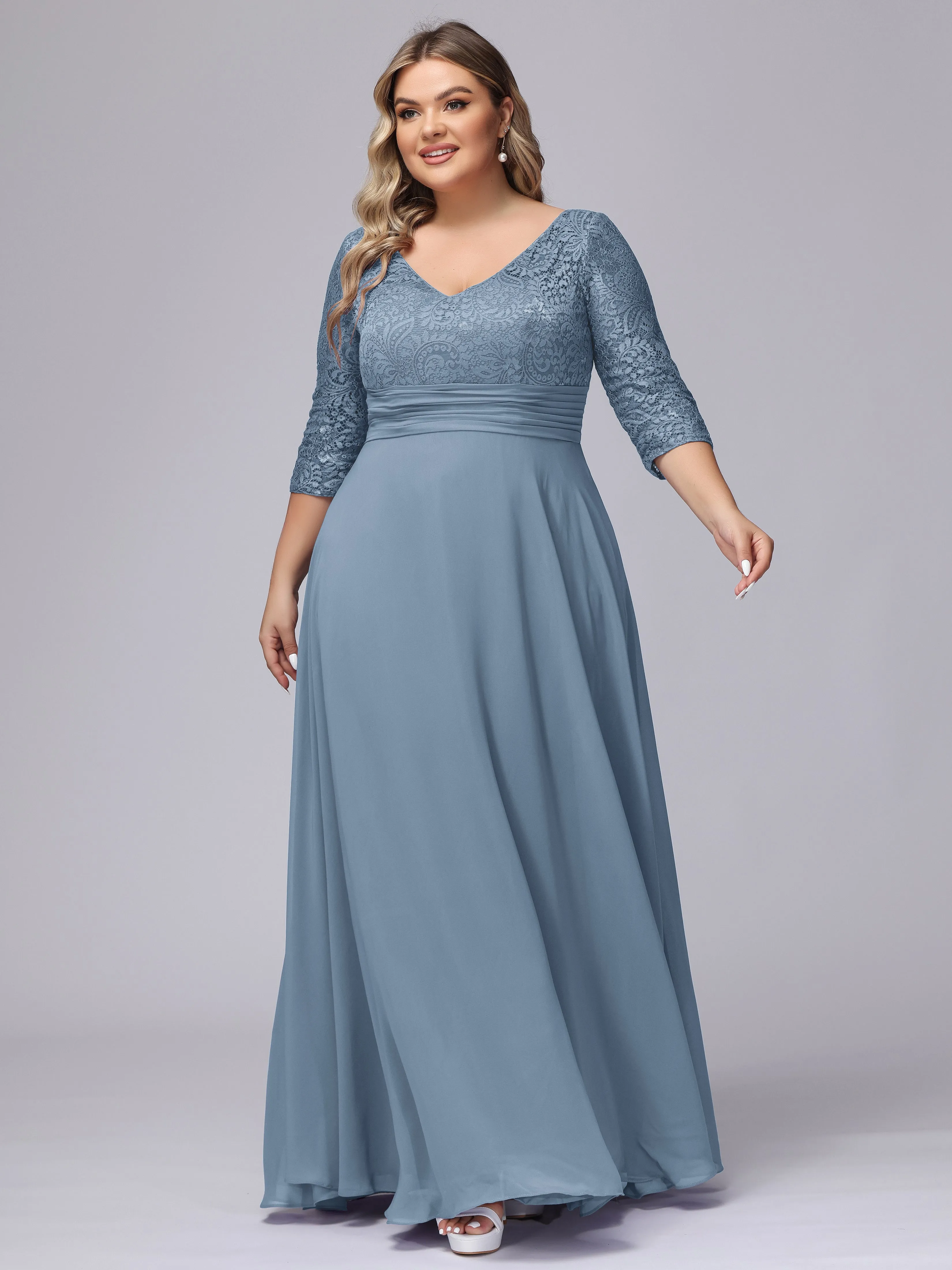 A-line V-Neck 3/4 Sleeves Lace Chiffon Plus Size Bridesmaid Dresses