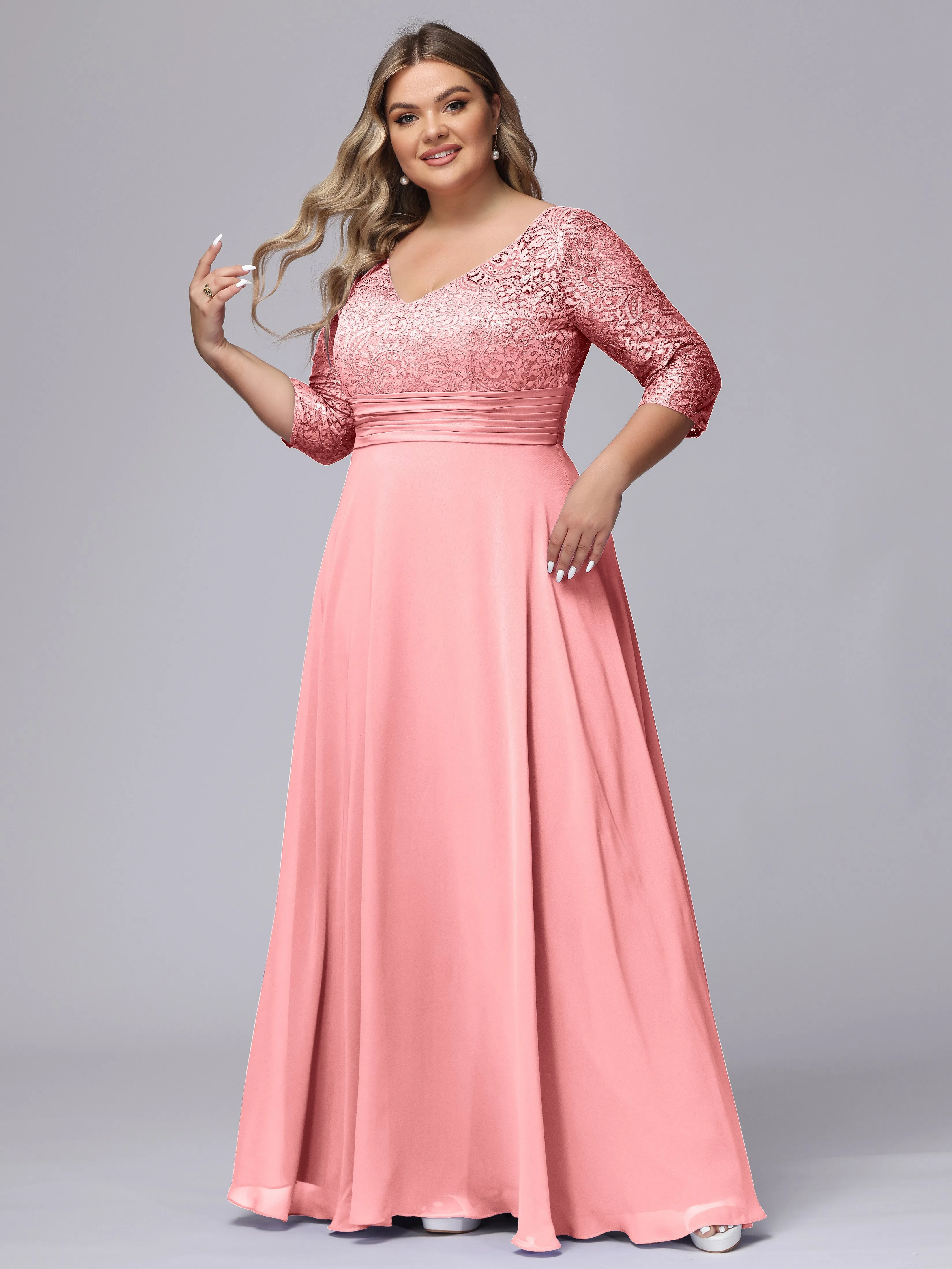 A-line V-Neck 3/4 Sleeves Lace Chiffon Plus Size Bridesmaid Dresses
