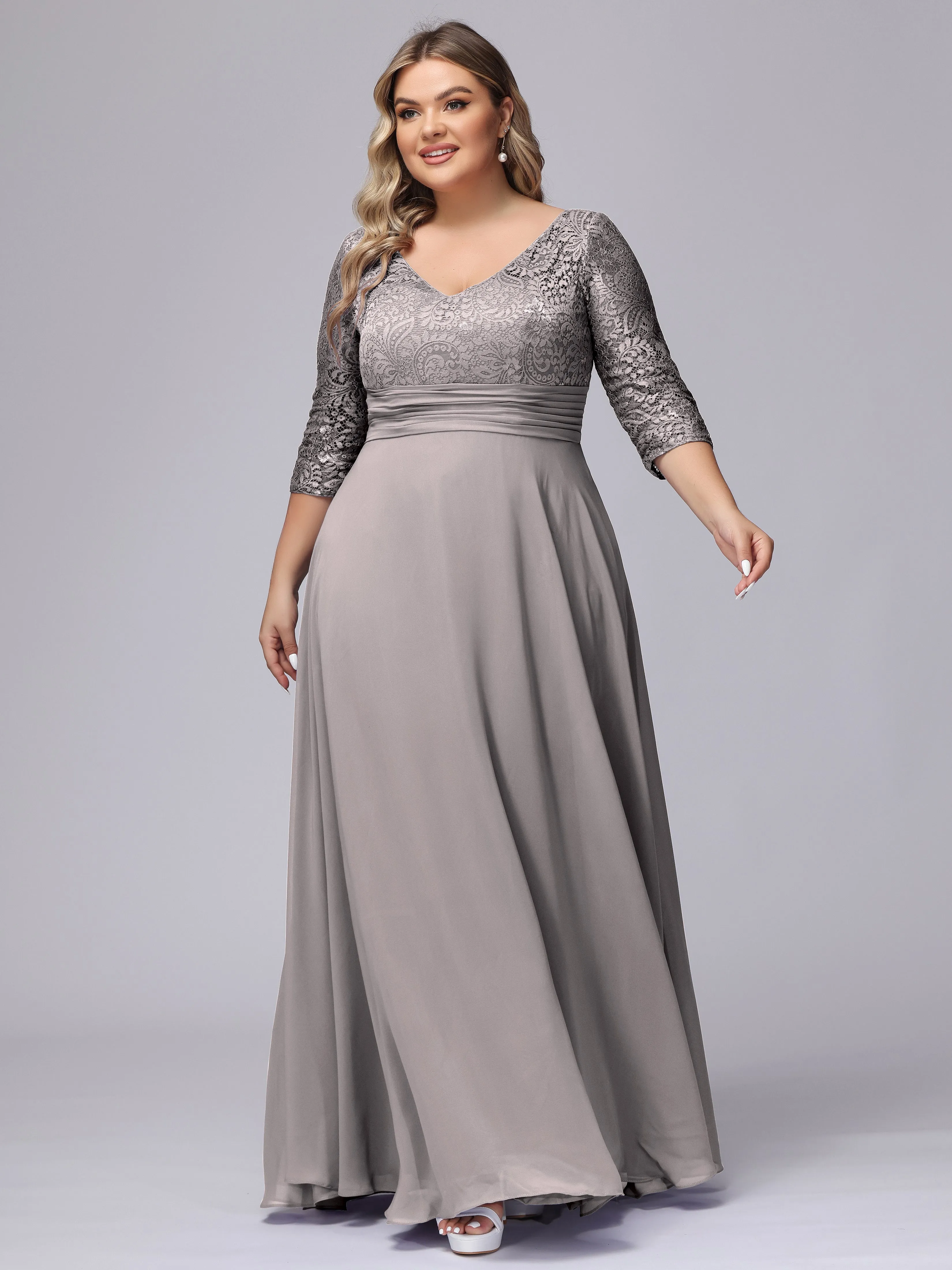 A-line V-Neck 3/4 Sleeves Lace Chiffon Plus Size Bridesmaid Dresses