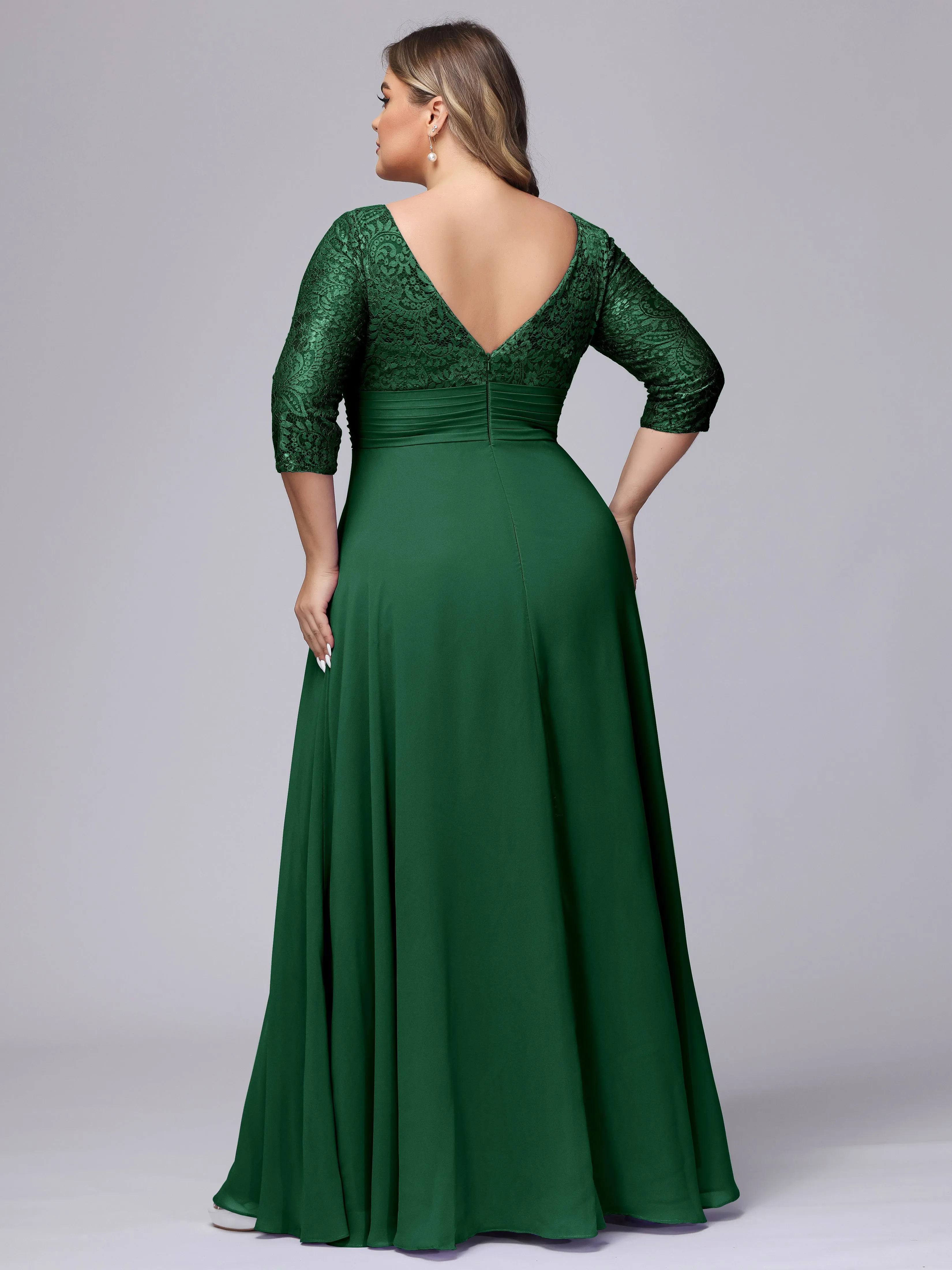 A-line V-Neck 3/4 Sleeves Lace Chiffon Plus Size Bridesmaid Dresses