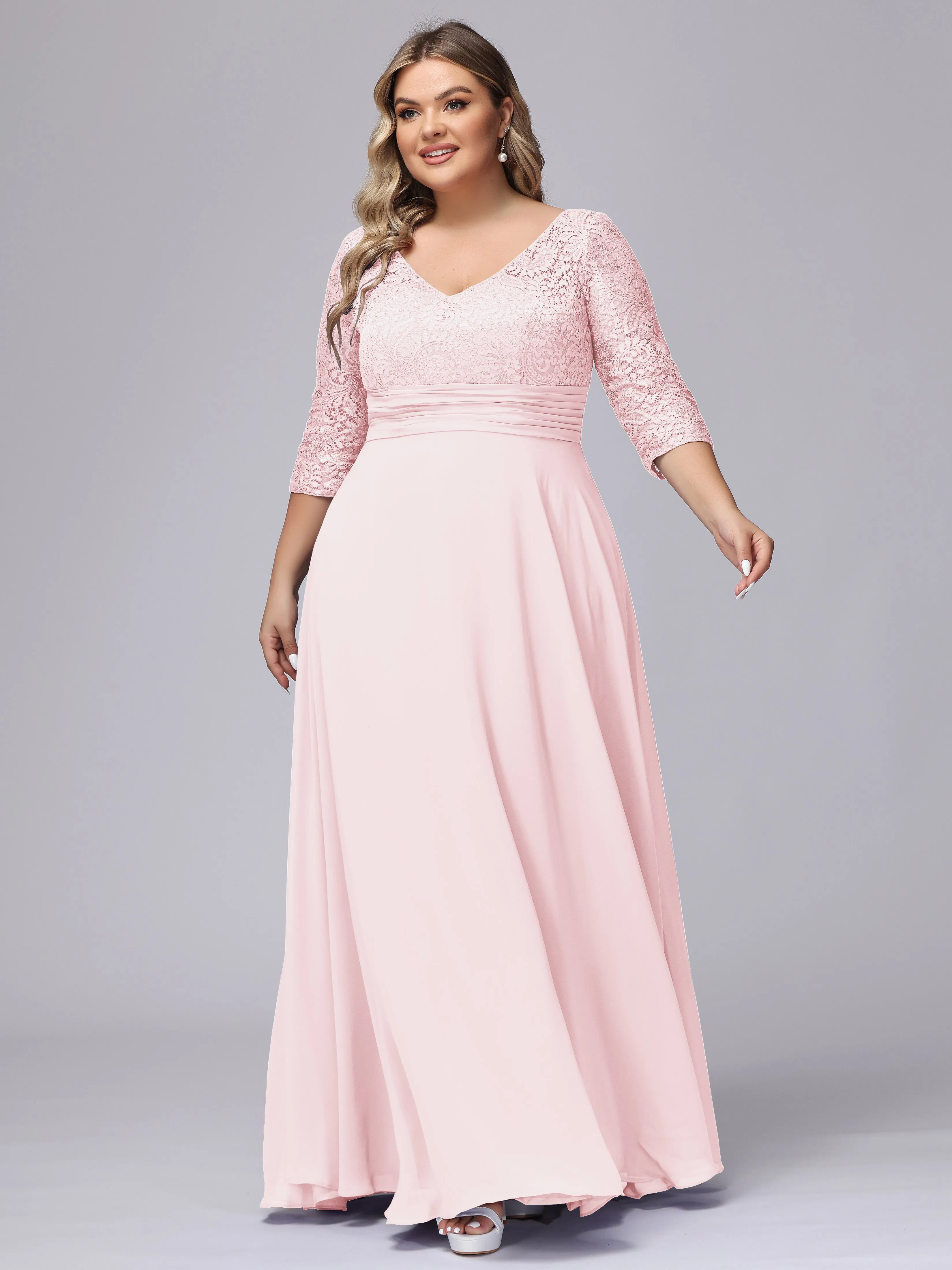 A-line V-Neck 3/4 Sleeves Lace Chiffon Plus Size Bridesmaid Dresses